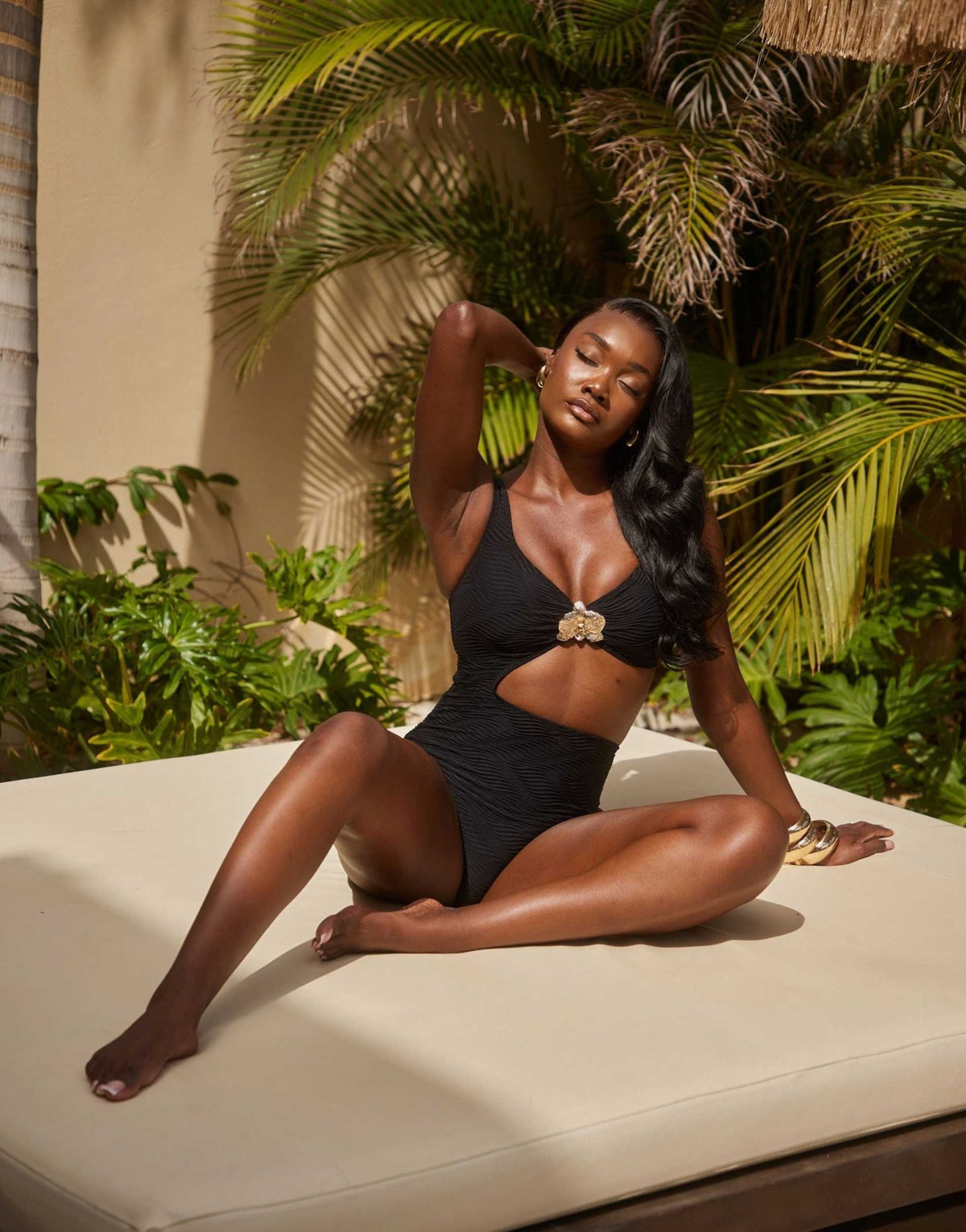 South Beach textured wave swimsuit with gold flower detail in black - ASOS Sample Sale