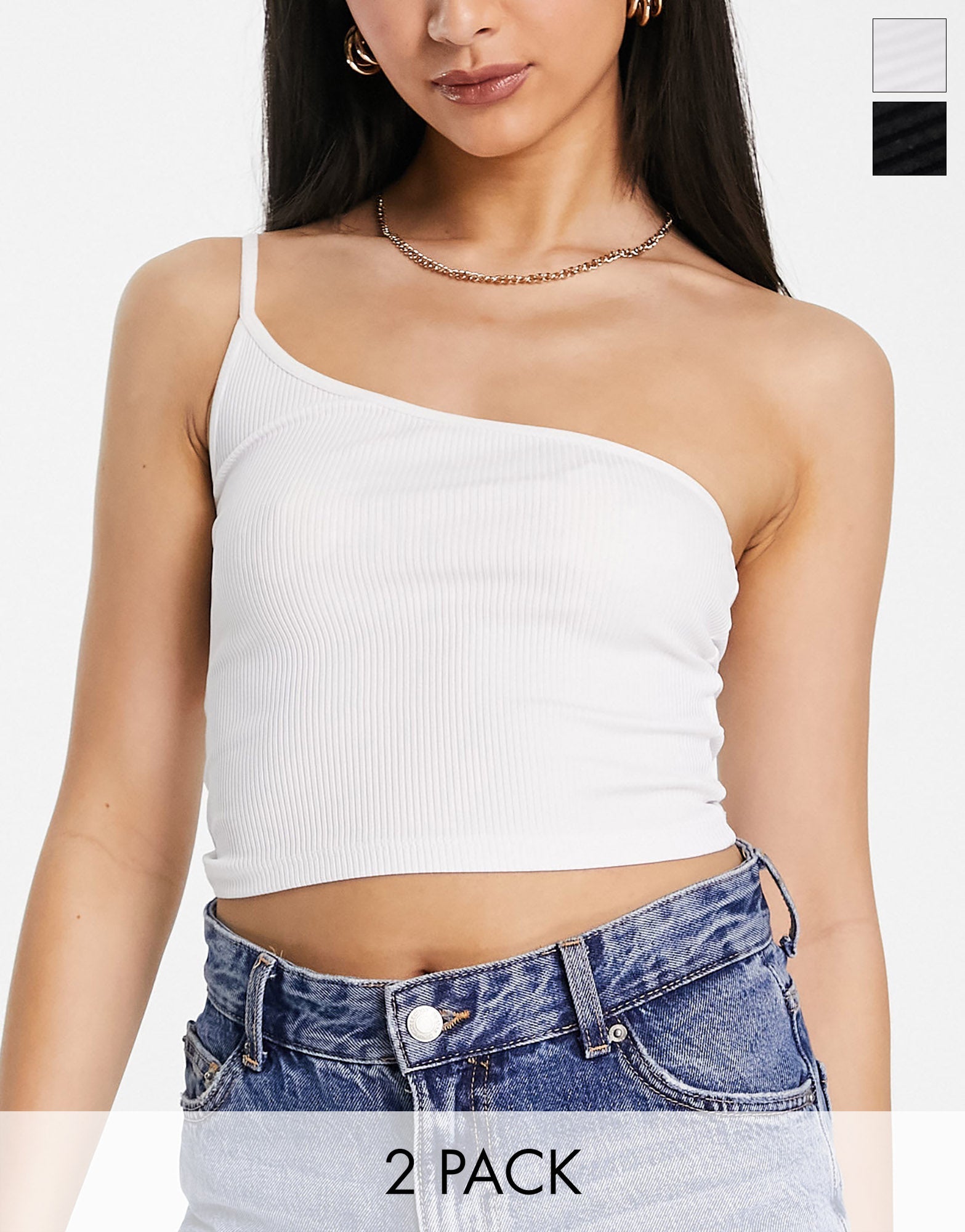 Stradivarius 2 pack 1 shoulder cami top in black and white - ASOS Sample Sale