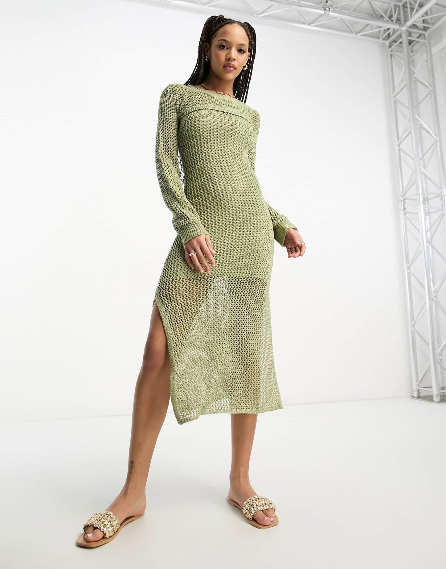 Stradivarius 2in1 crochet maxi dress in khaki - ASOS Sample Sale