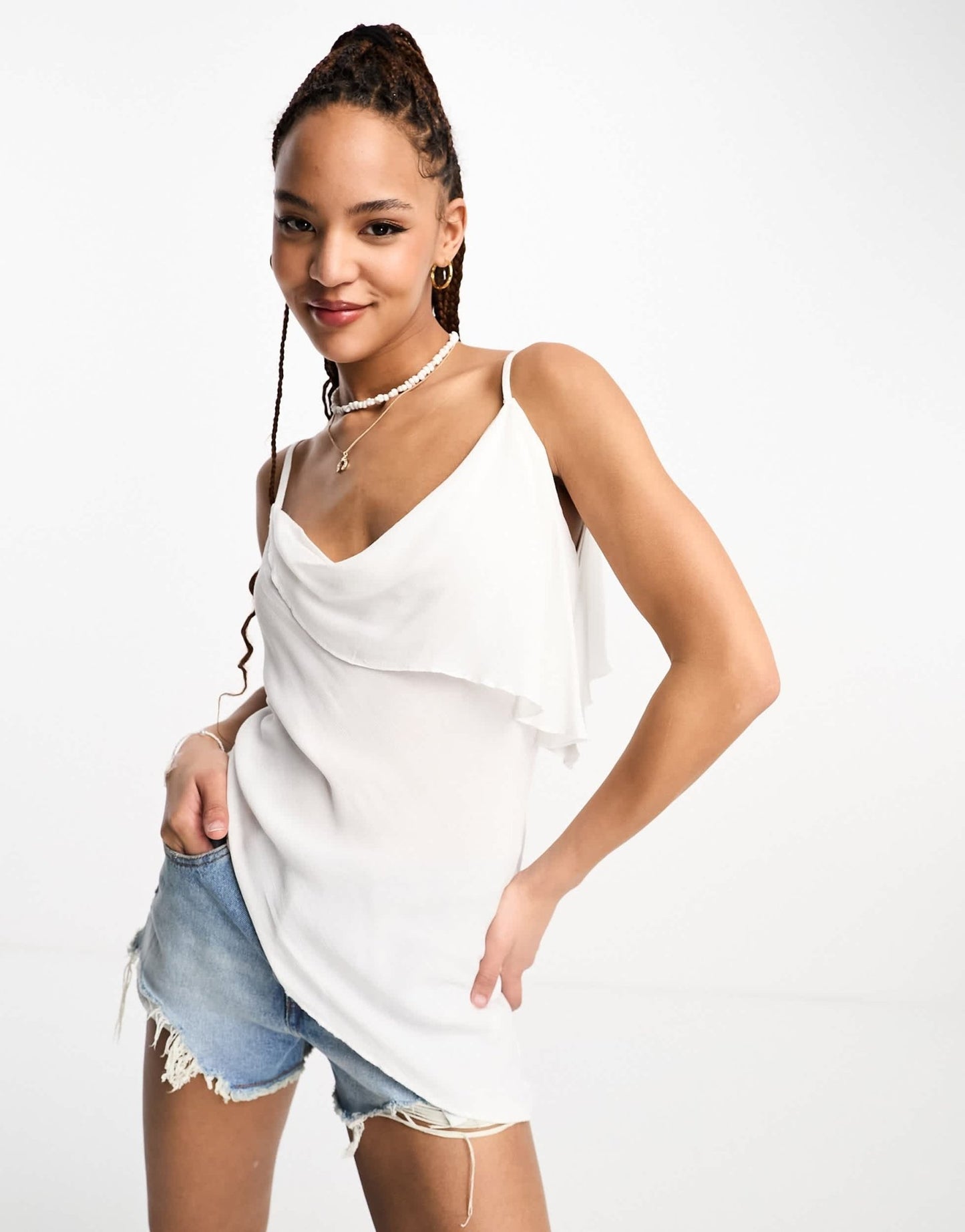 Stradivarius asymmetric draped cami top in white - ASOS Sample Sale