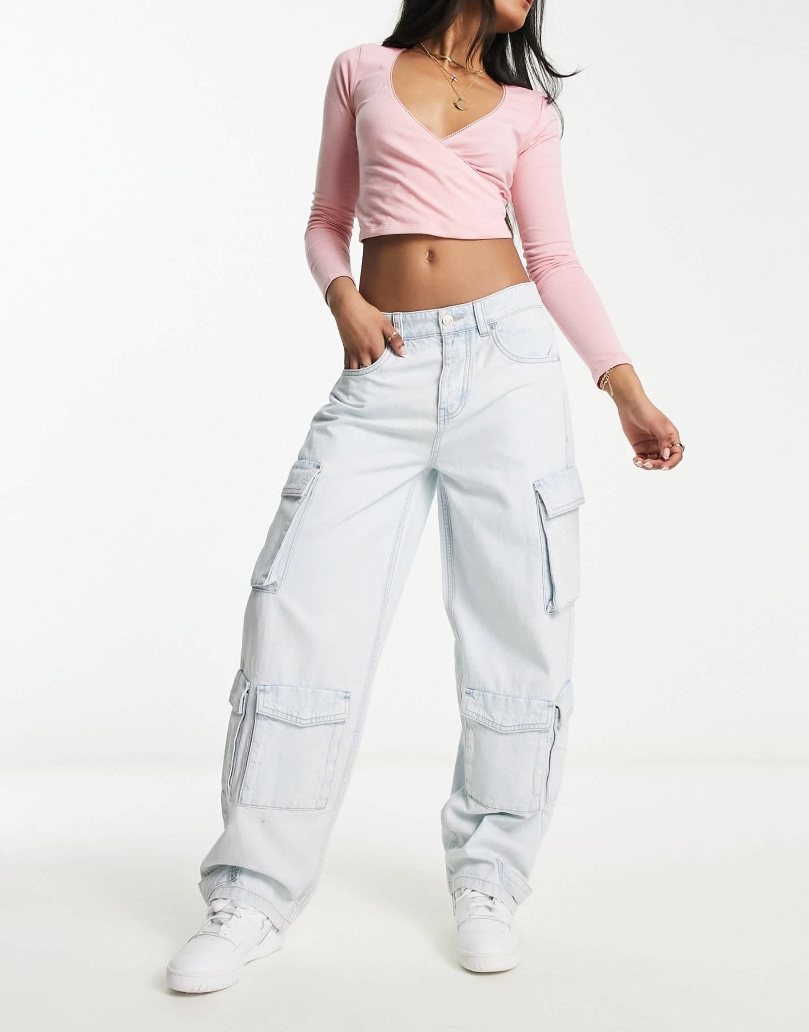 Stradivarius baggy cargo jean in light blue - ASOS Sample Sale