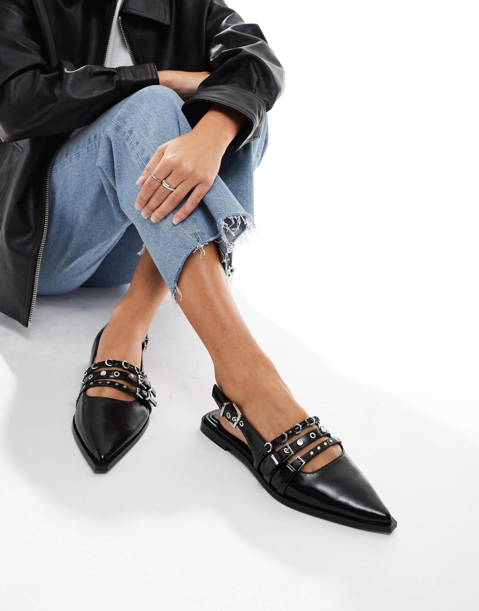 Stradivarius buckle detail pointed flat slingback in black - ASOS Sample Sale