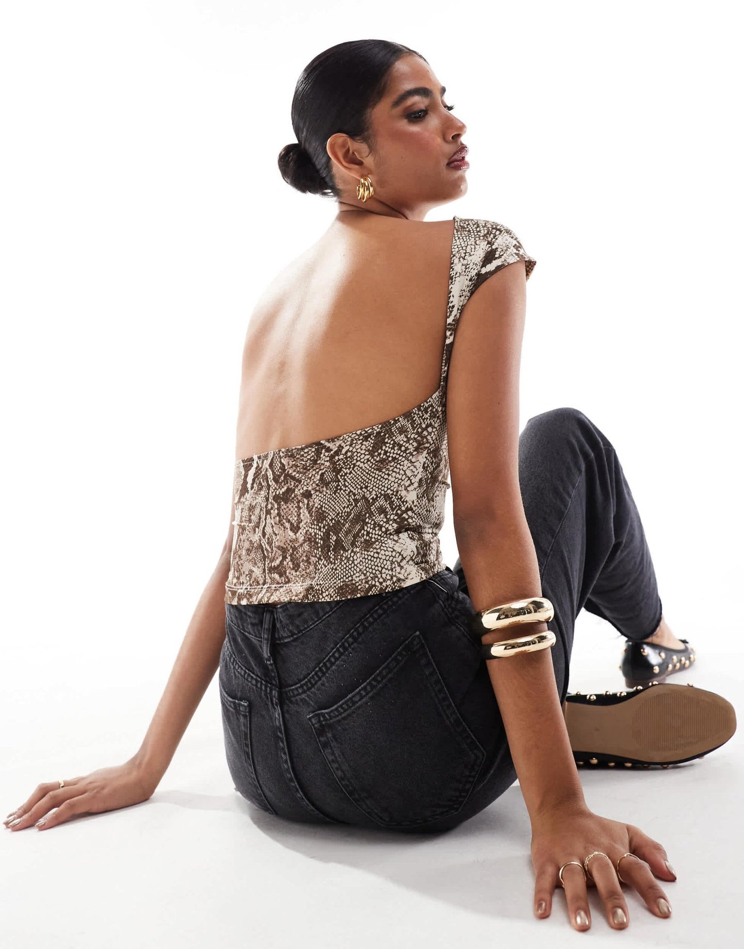 Stradivarius cap sleeve open back tee in snake - ASOS Sample Sale
