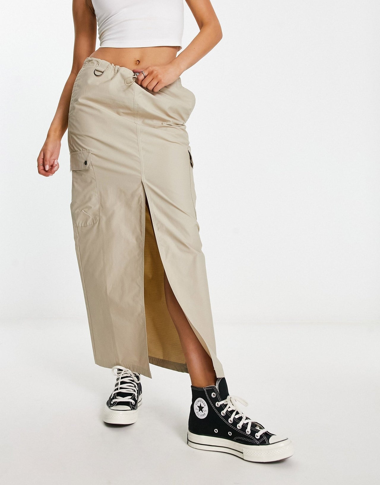Stradivarius cargo maxi skirt in stone - ASOS Sample Sale