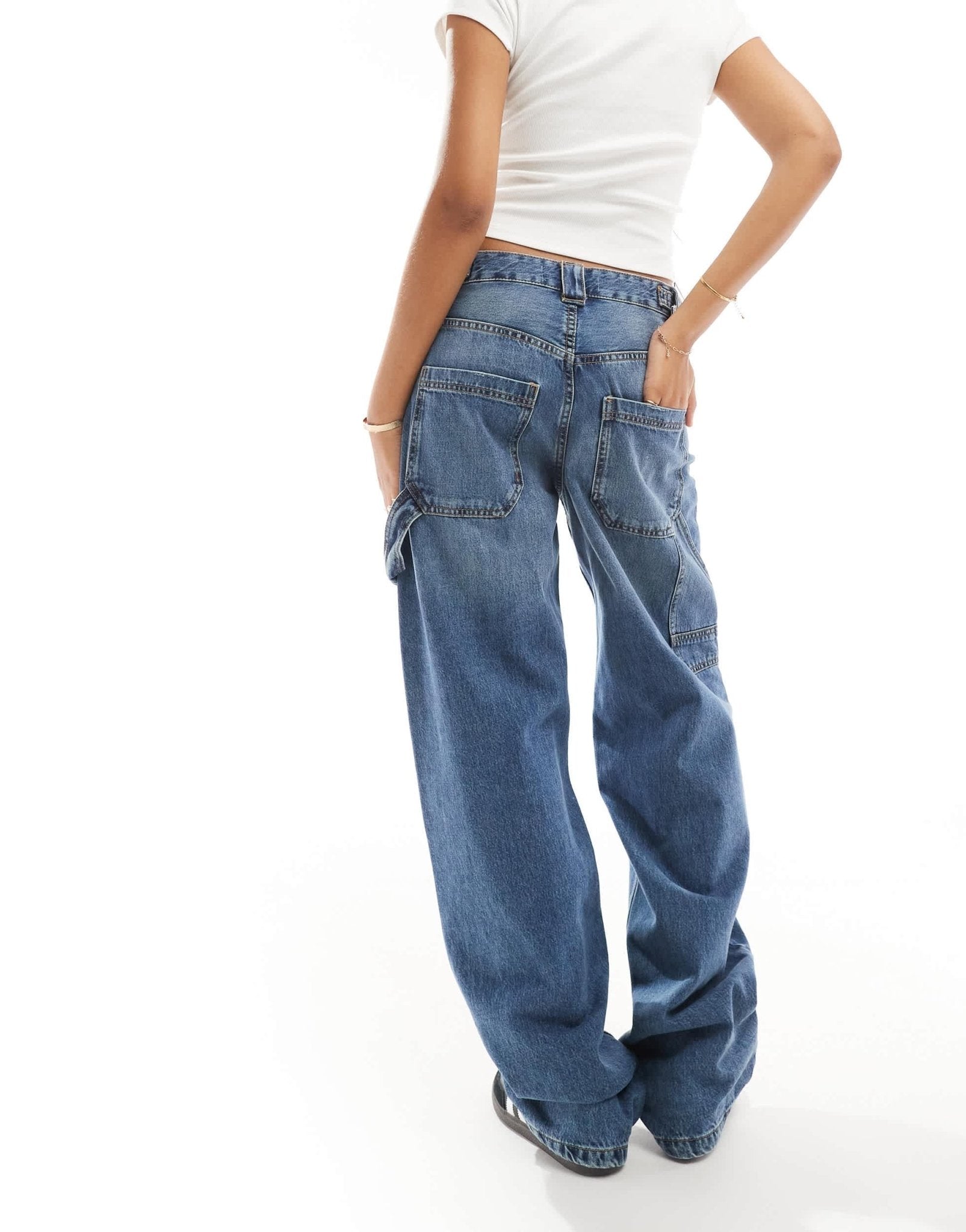 Stradivarius carpenter jean with adjustable waist in medium blue - ASOS Sample Sale