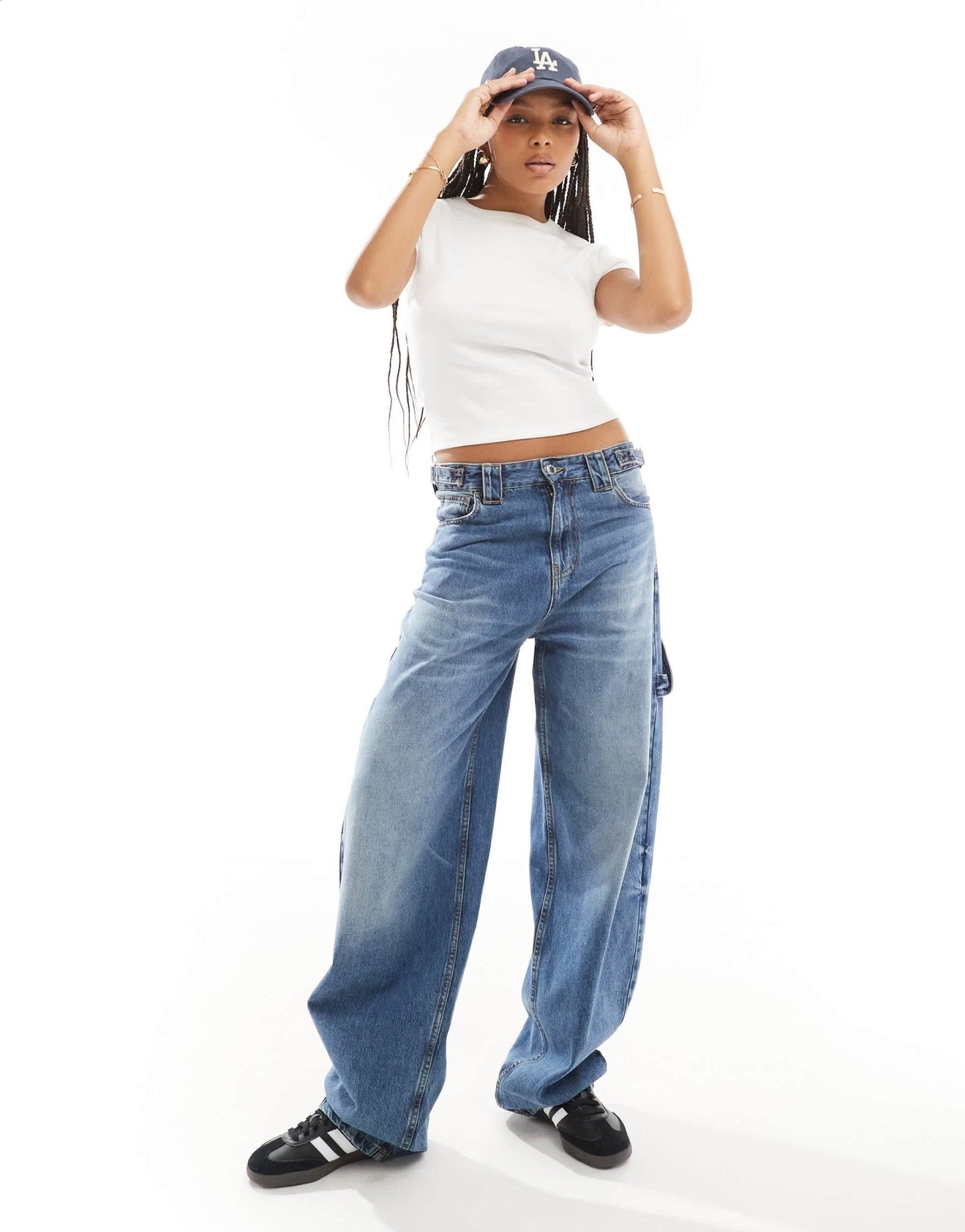 Stradivarius carpenter jean with adjustable waist in medium blue - ASOS Sample Sale