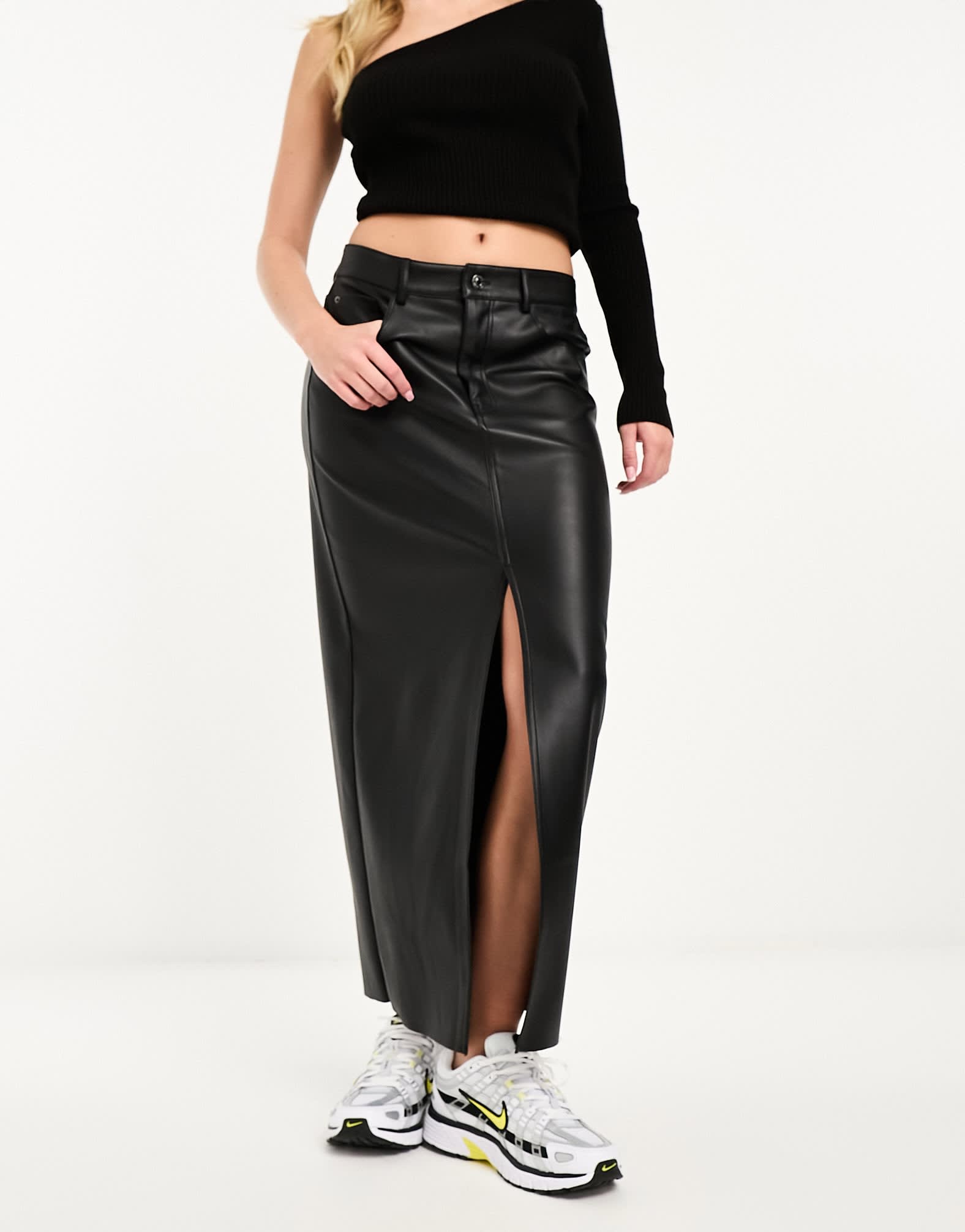Stradivarius coated denim midi skirt in black - ASOS Sample Sale