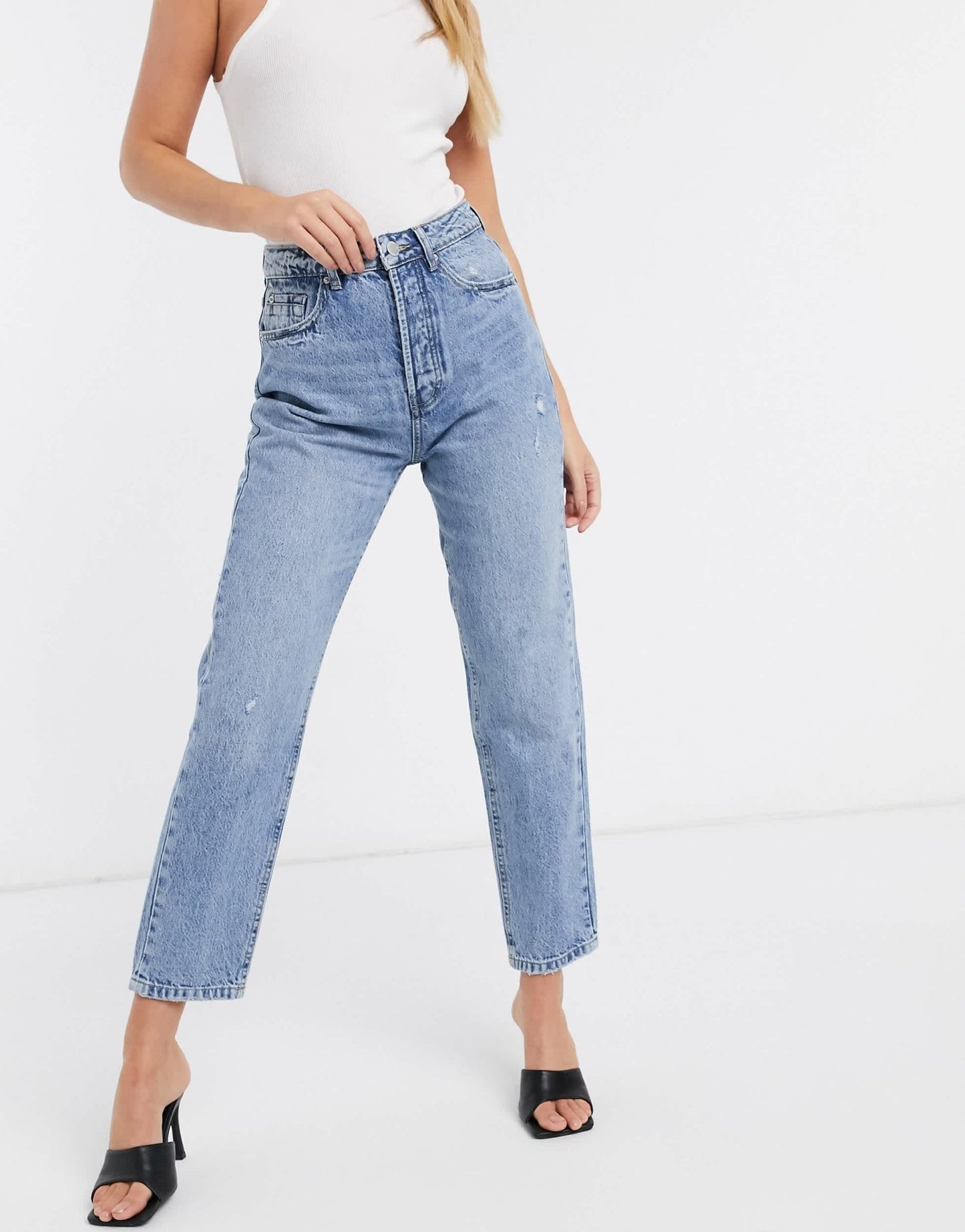Stradivarius cotton mom fit vintage jean in light wash - MBLUE - ASOS Sample Sale