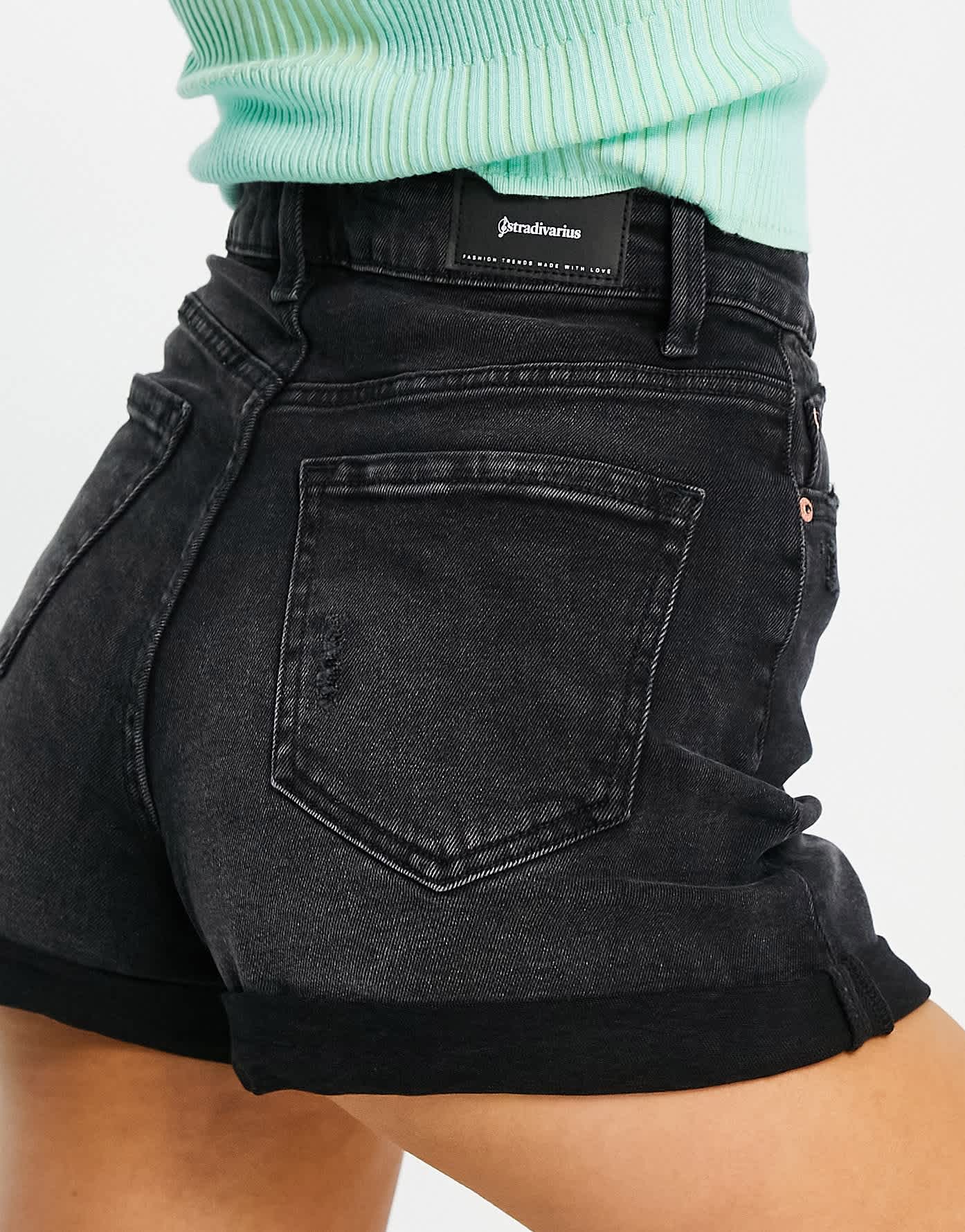 Stradivarius cotton slim mom denim short in black wash - BLACK - ASOS Sample Sale