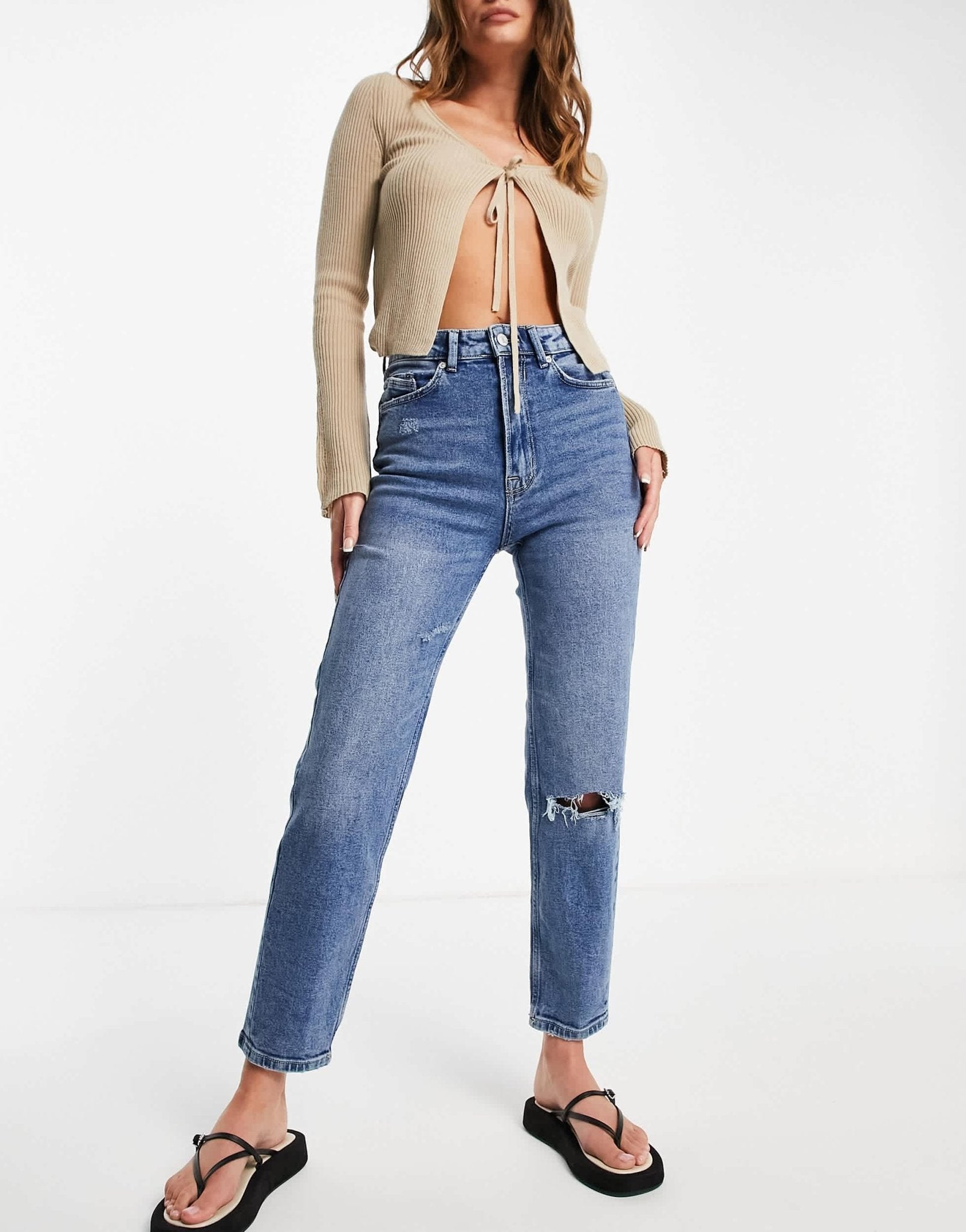 Stradivarius cotton slim mom jean with stretch and rip in medium blue - MBLUE - ASOS Sample Sale