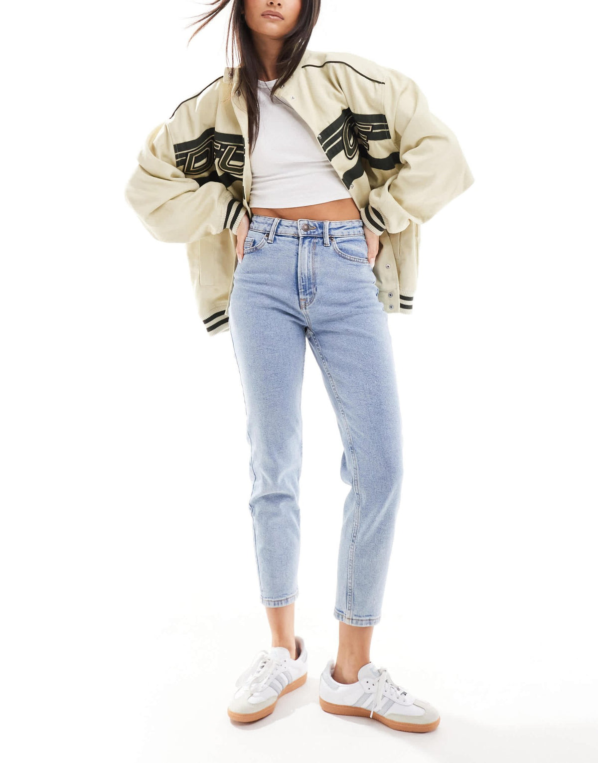 Stradivarius cotton slim mom jean with stretch in washed blue - LBLUE - ASOS Sample Sale