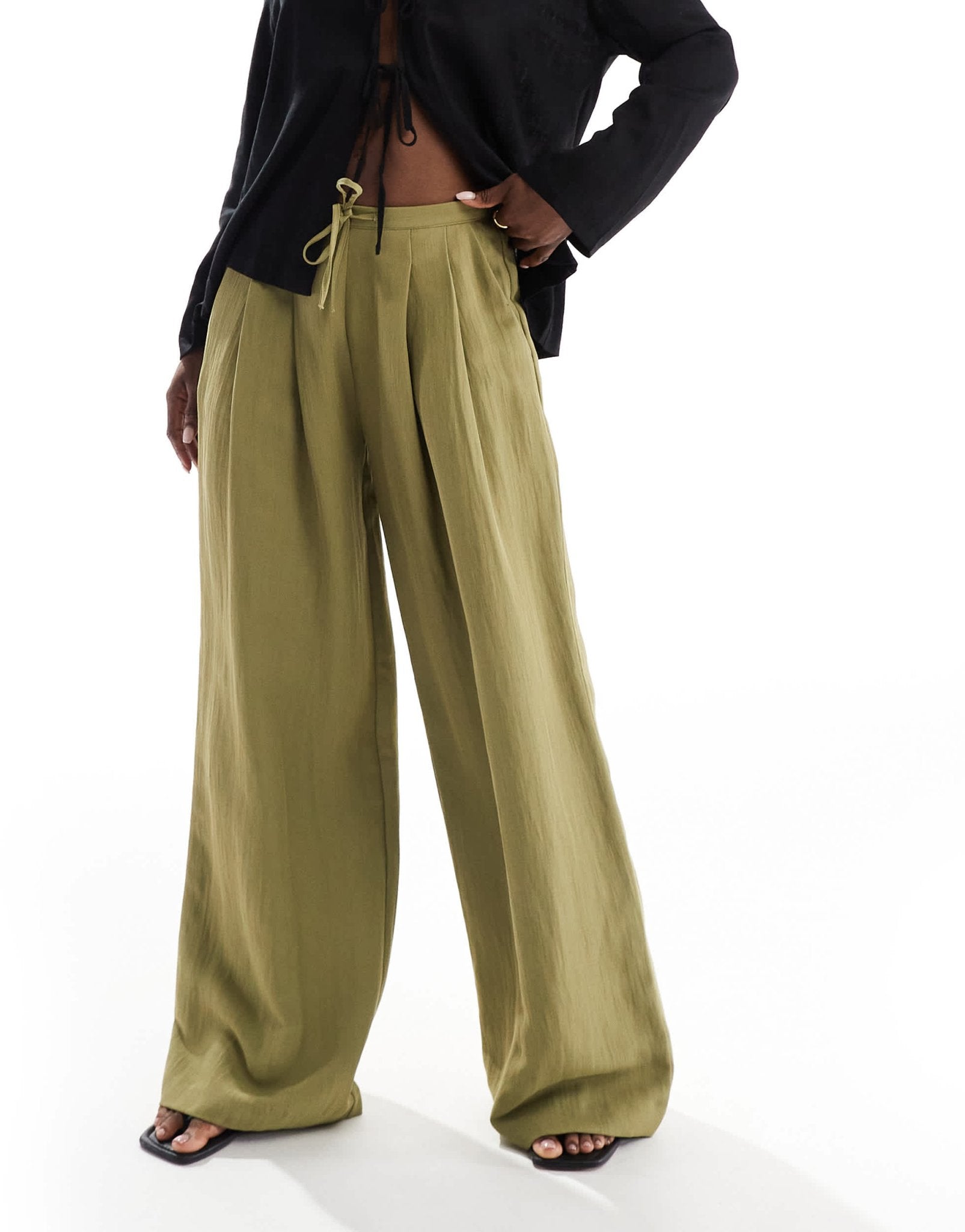 Stradivarius crinkle wide leg trouser in lime green - ASOS Sample Sale