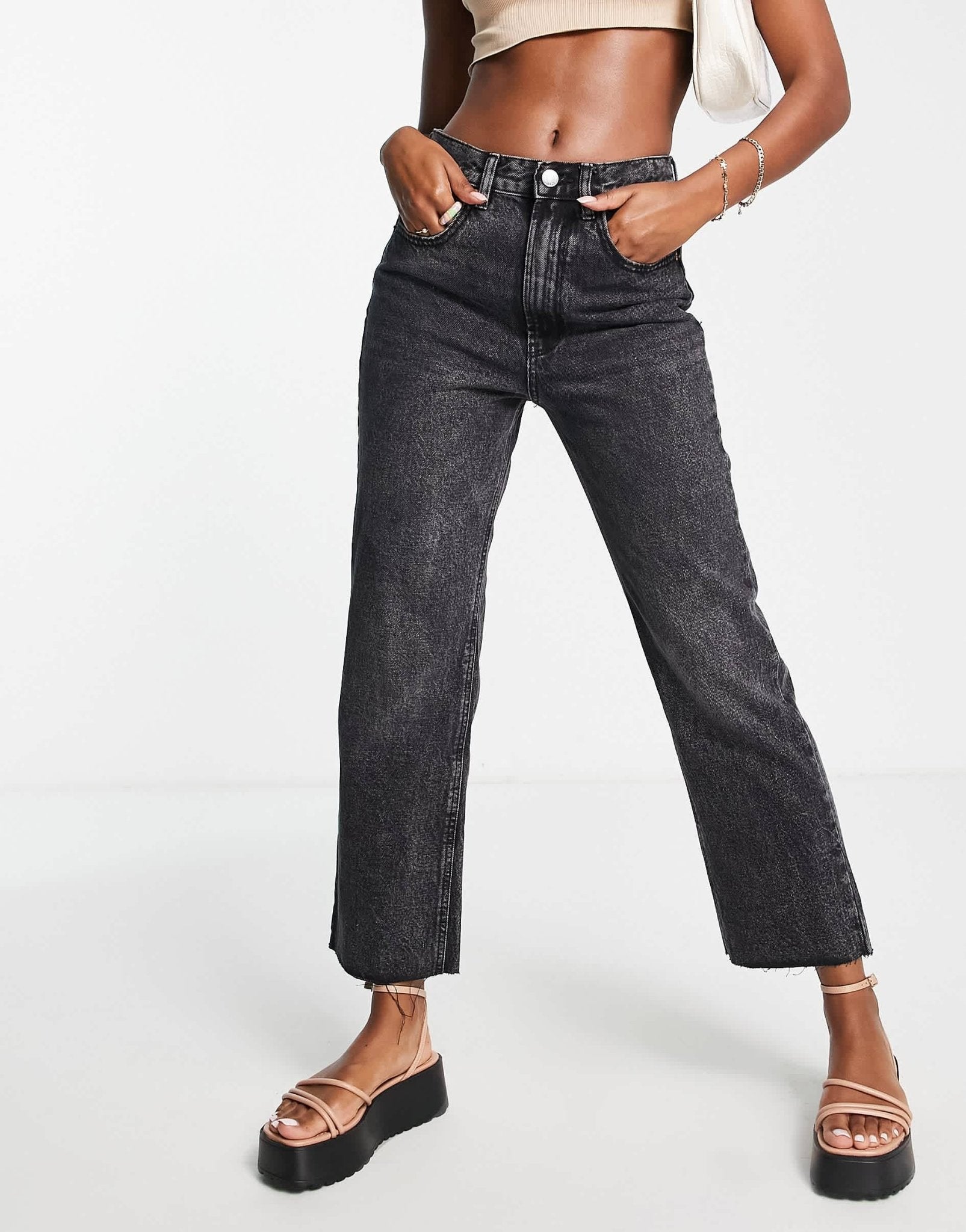 Stradivarius cropped denim jean in washed black - ASOS Sample Sale
