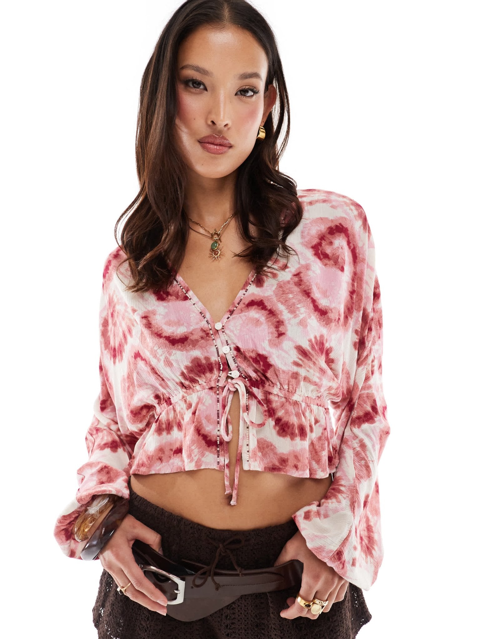Stradivarius cropped tie detail shirt in pink tie dye - ASOS Sample Sale