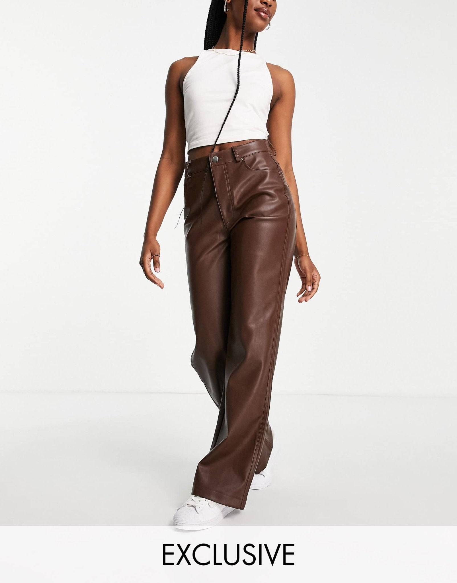 Stradivarius dad faux leather trousers in chocolate brown - ASOS Sample Sale