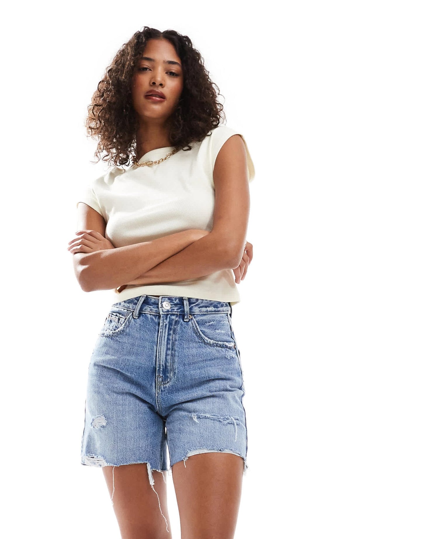 Stradivarius denim dad short in bleach wash - ASOS Sample Sale