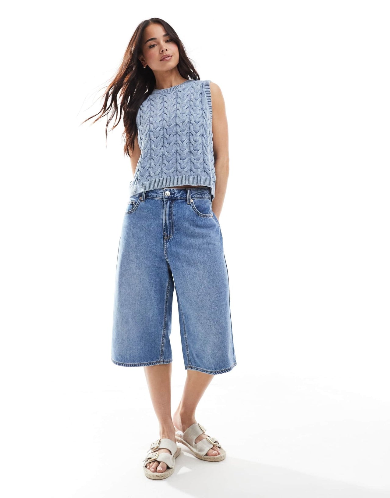 Stradivarius denim jort in medium wash blue - ASOS Sample Sale