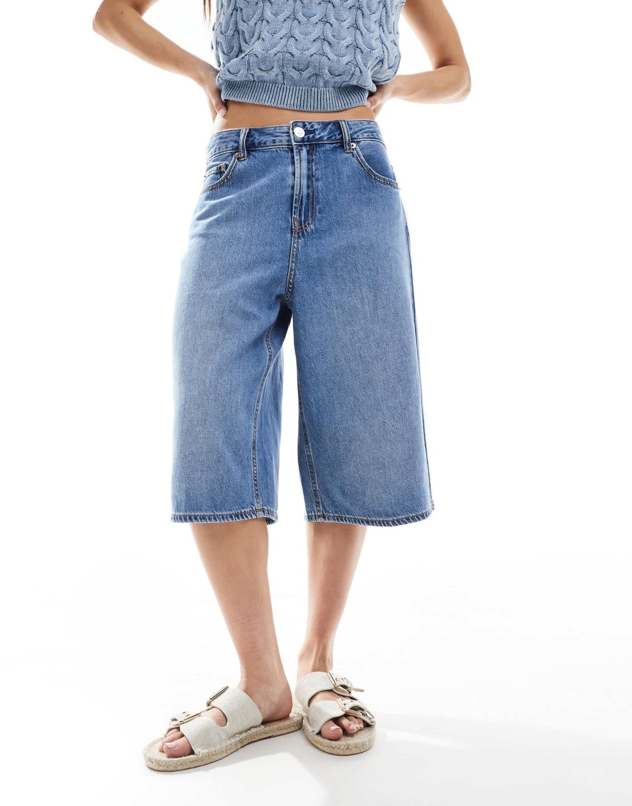 Stradivarius denim jort in medium wash blue - ASOS Sample Sale