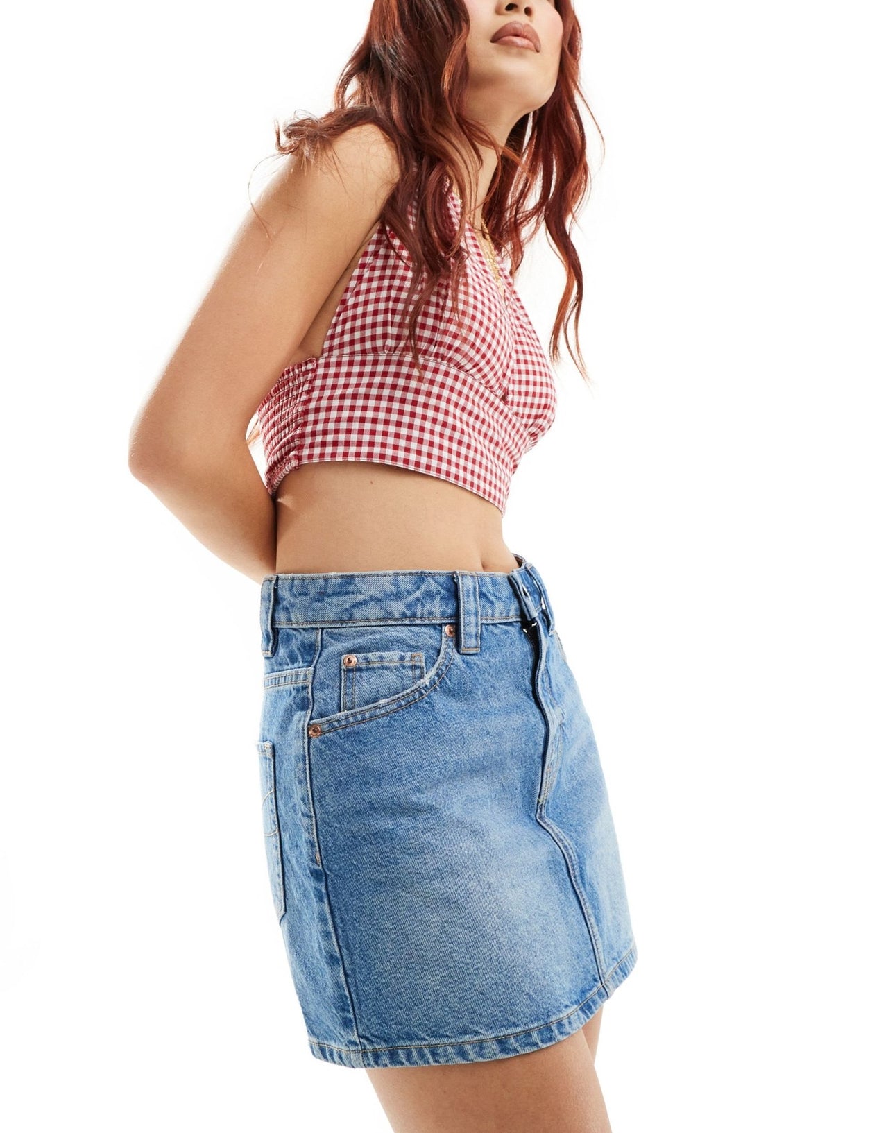 Stradivarius denim mini skirt in medium wash - ASOS Sample Sale