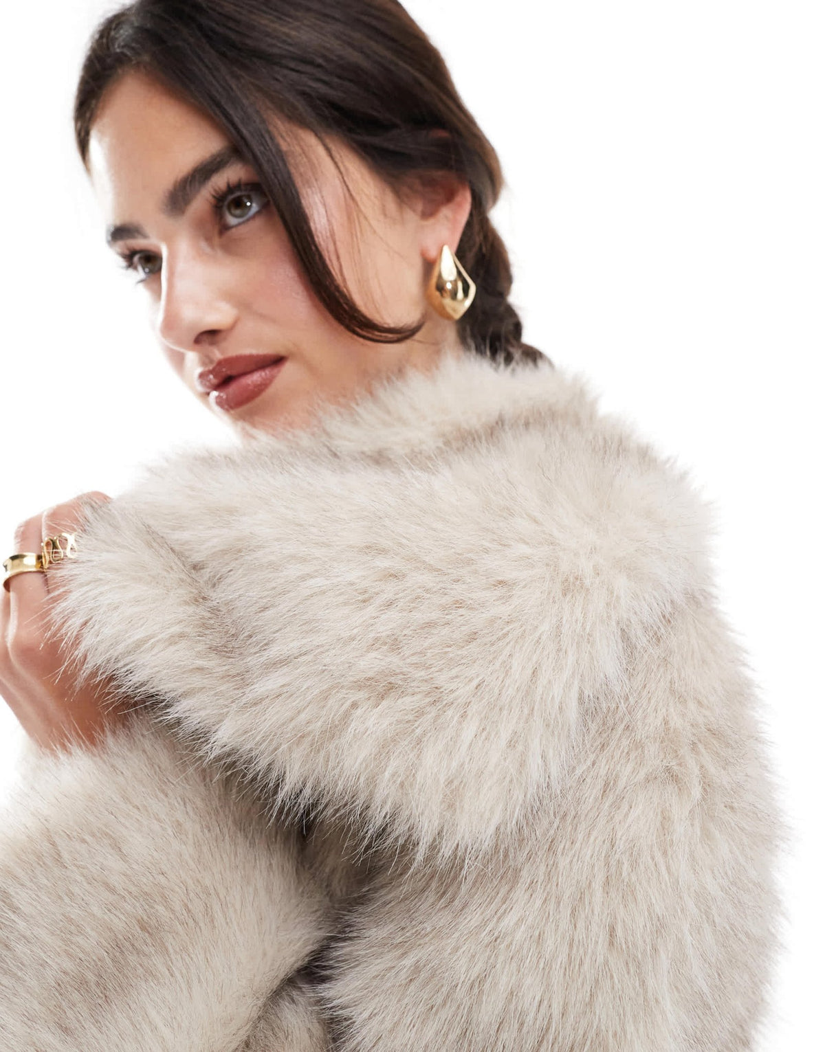 Stradivarius faux fur jacket with exaggerated collar in beige - ASOS Sample Sale