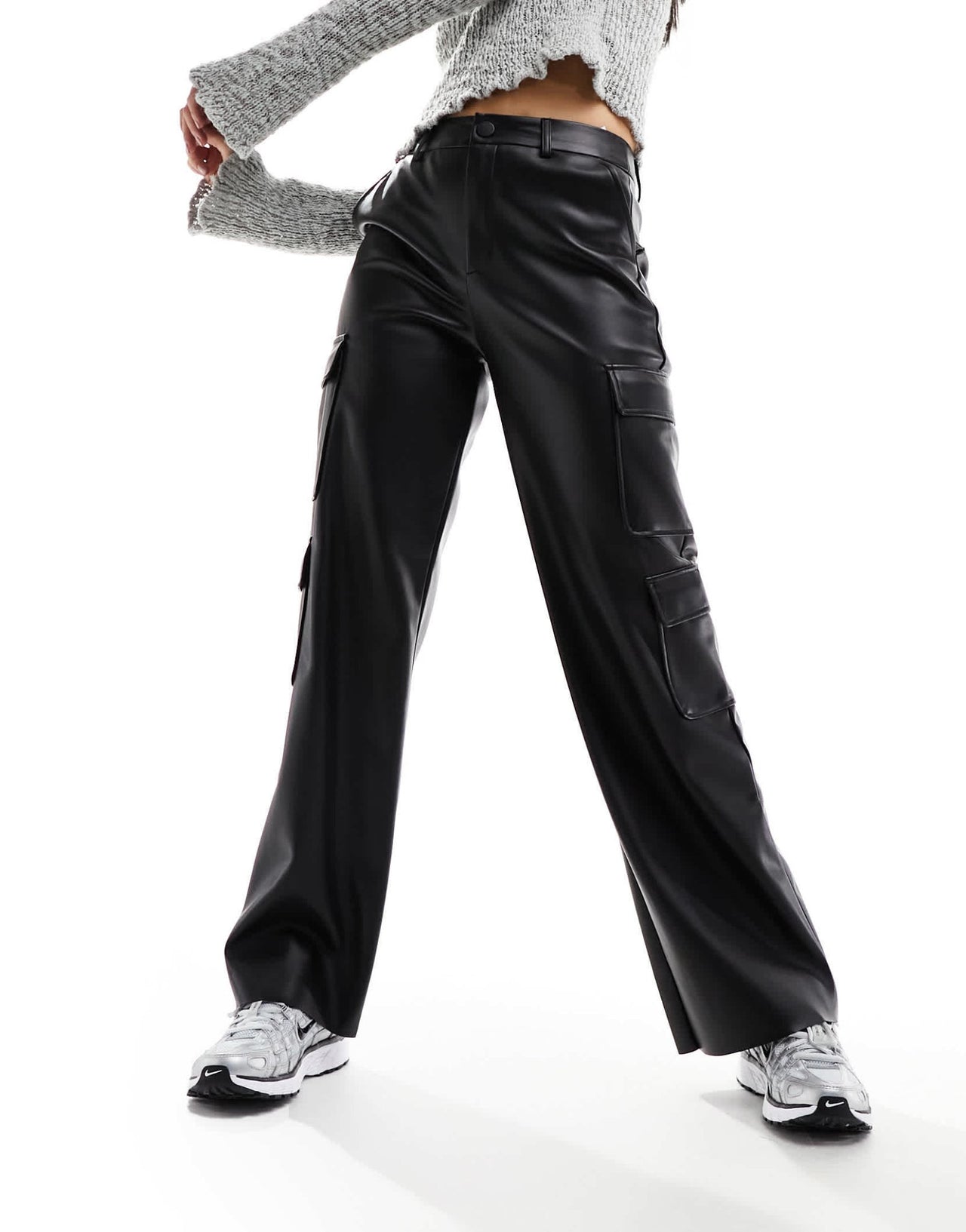 Stradivarius faux leather cargo trouser in black - ASOS Sample Sale