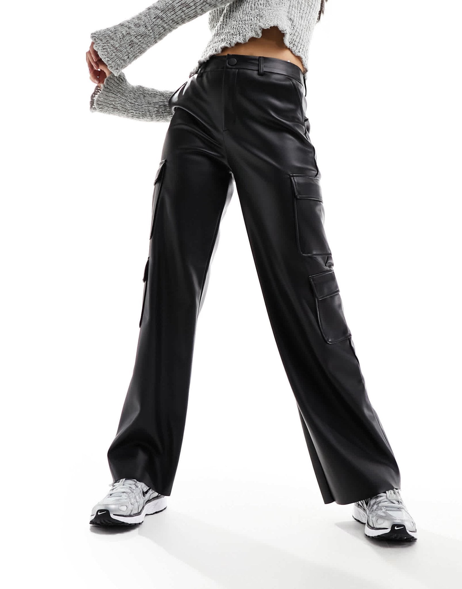 Stradivarius faux leather cargo trouser in black - ASOS Sample Sale