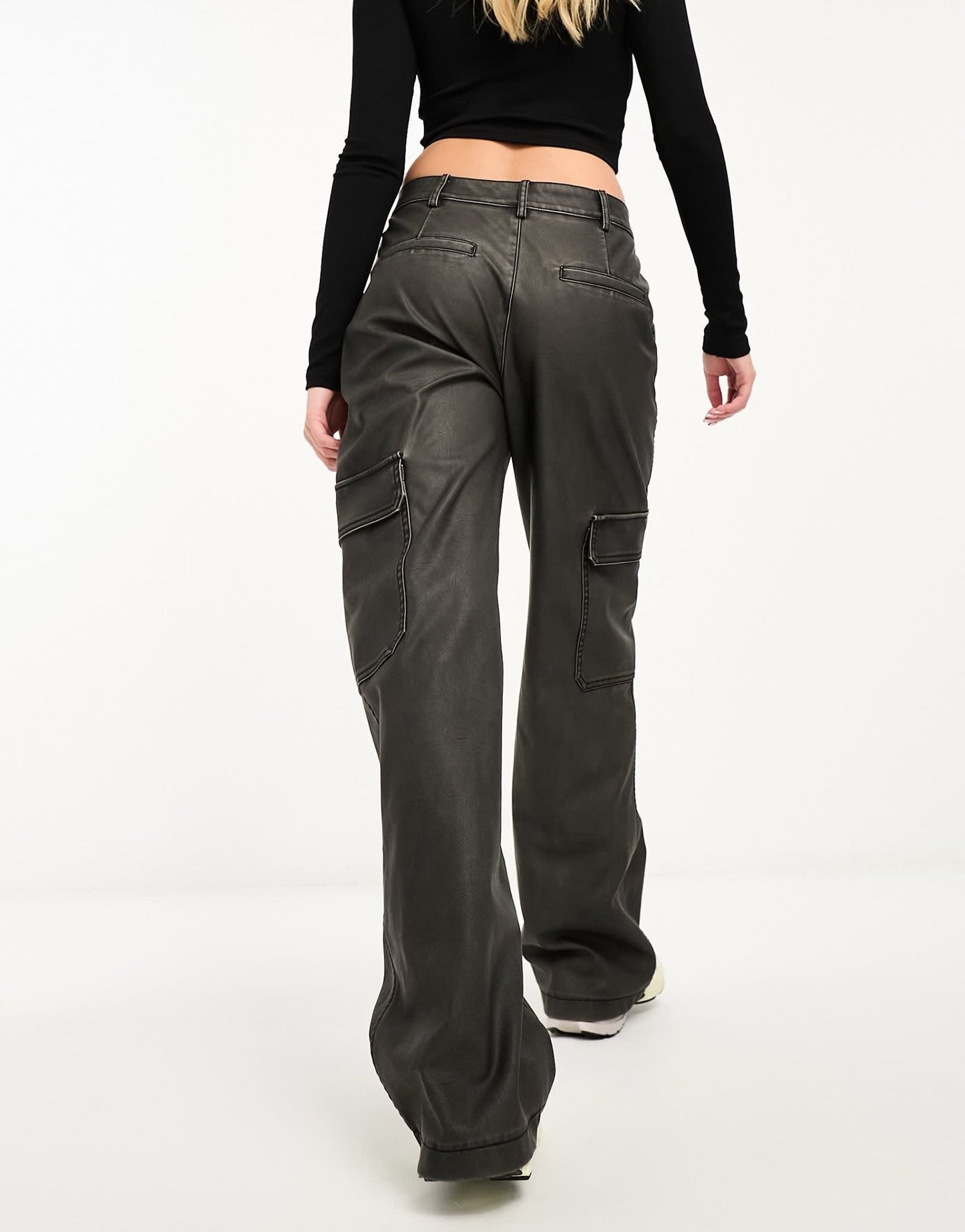 Stradivarius faux leather cargo trouser in washed black - ASOS Sample Sale