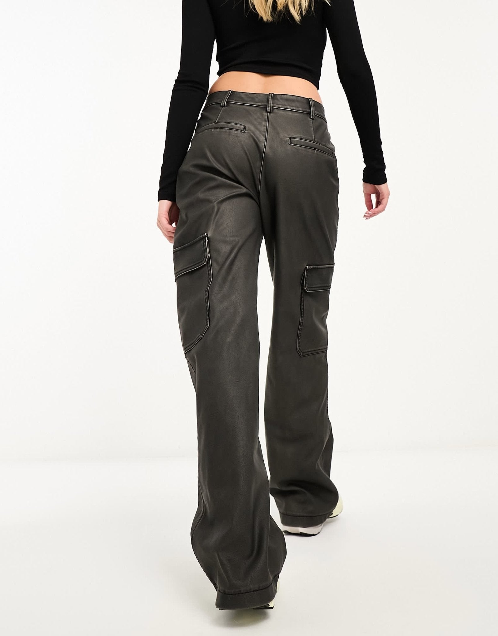 Stradivarius faux leather cargo trouser in washed black - ASOS Sample Sale