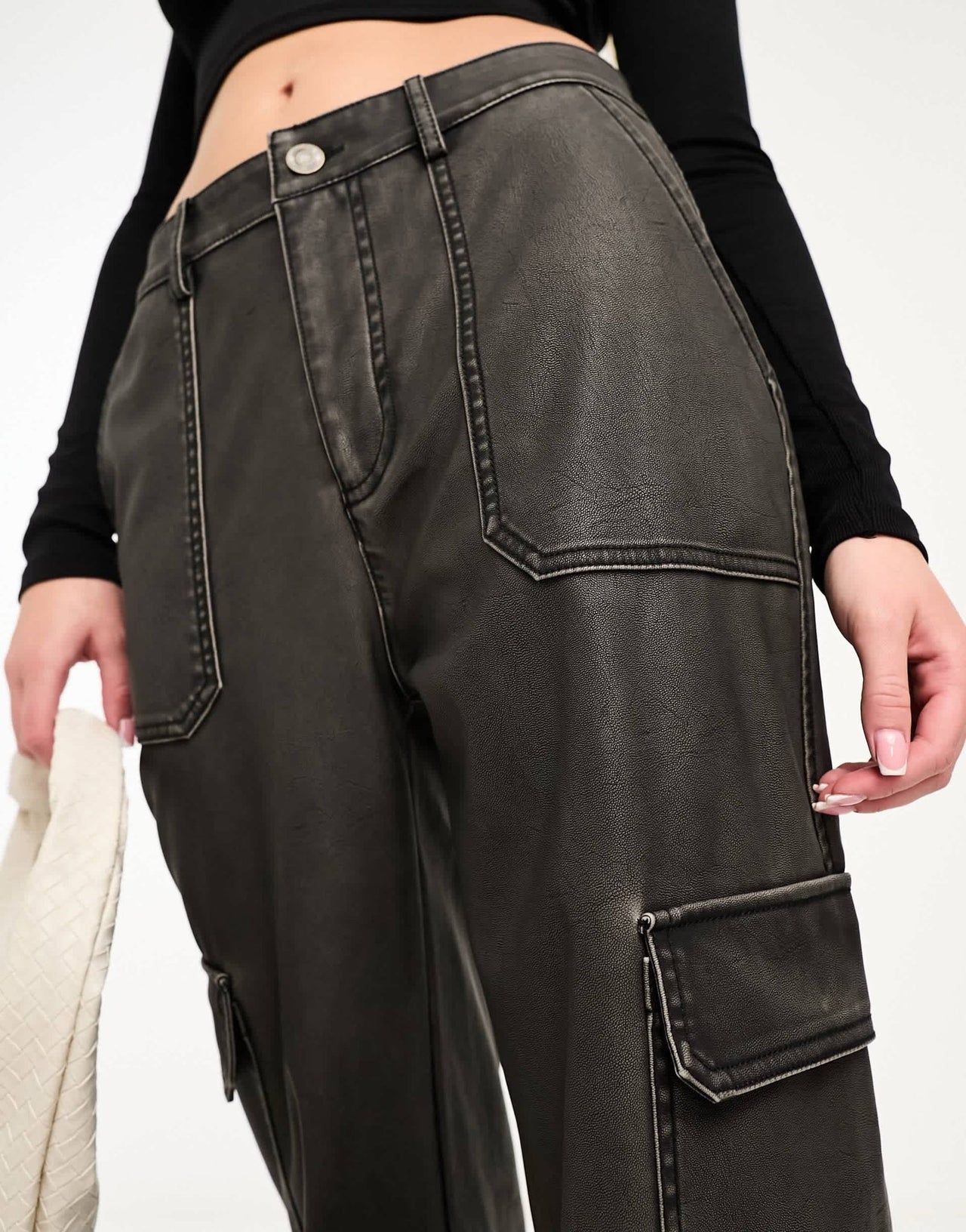 Stradivarius faux leather cargo trouser in washed black - ASOS Sample Sale