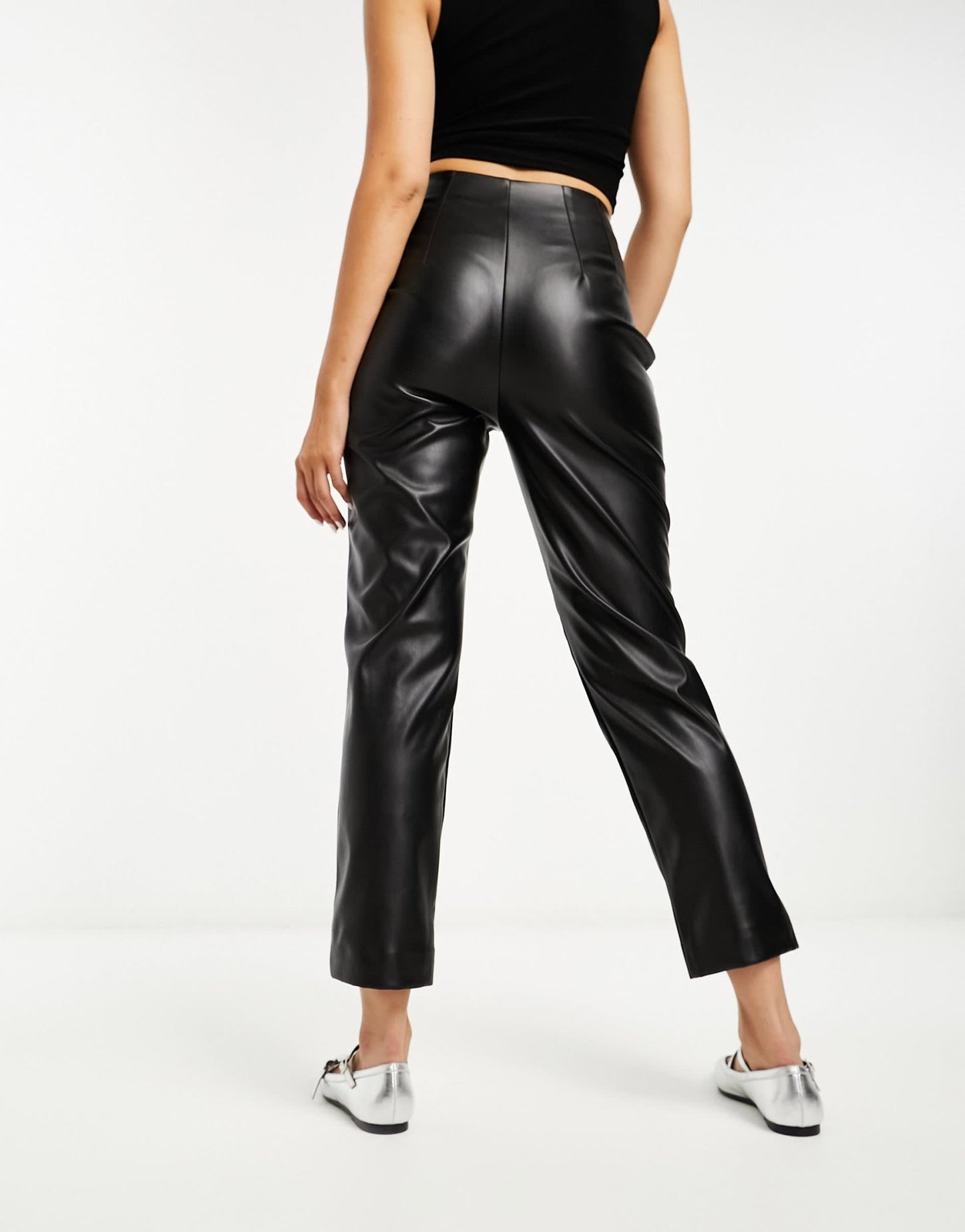 Stradivarius faux leather cigarette trouser in black - ASOS Sample Sale