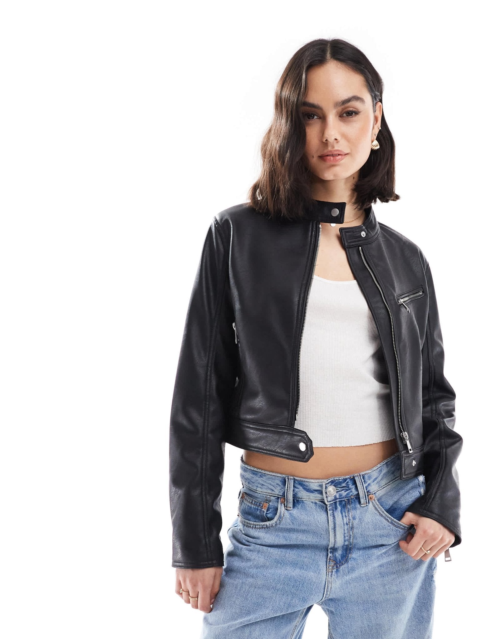 Stradivarius faux leather collarless faux leather jacket in black - ASOS Sample Sale