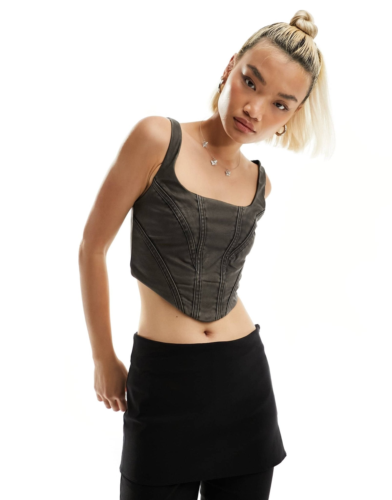 Stradivarius faux leather corset top in black - ASOS Sample Sale