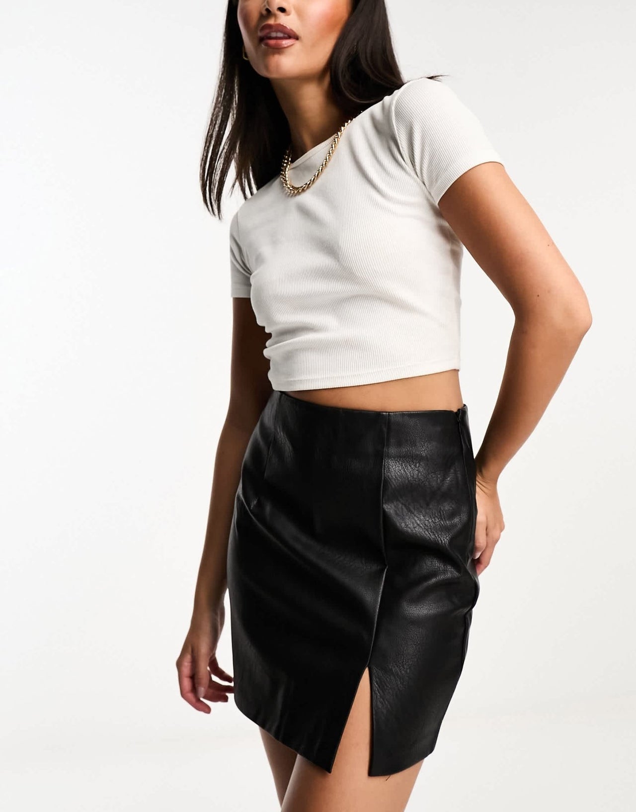 Stradivarius faux leather mini skirt with split hem in black - ASOS Sample Sale