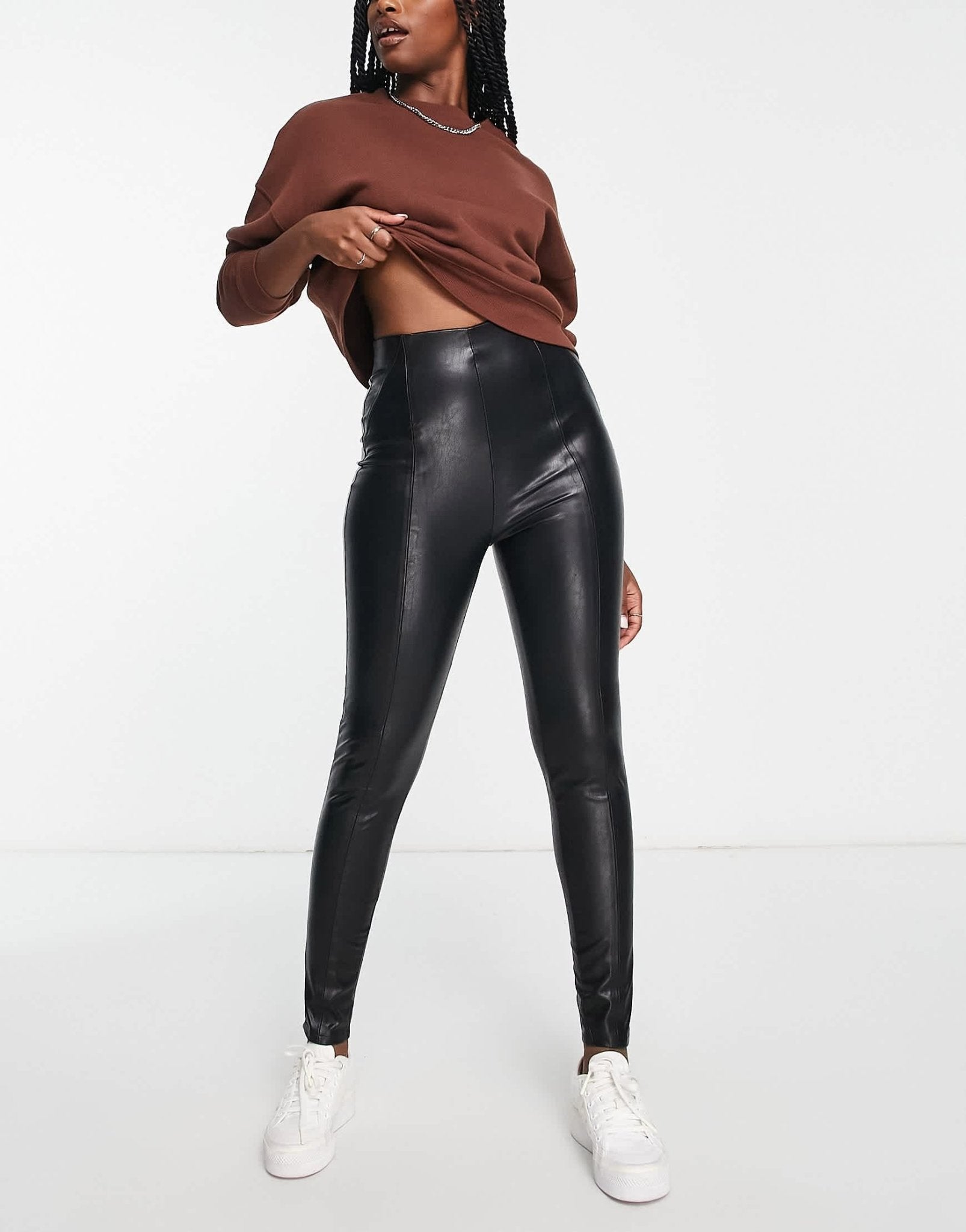 Stradivarius faux leather skinny trouser in black - ASOS Sample Sale