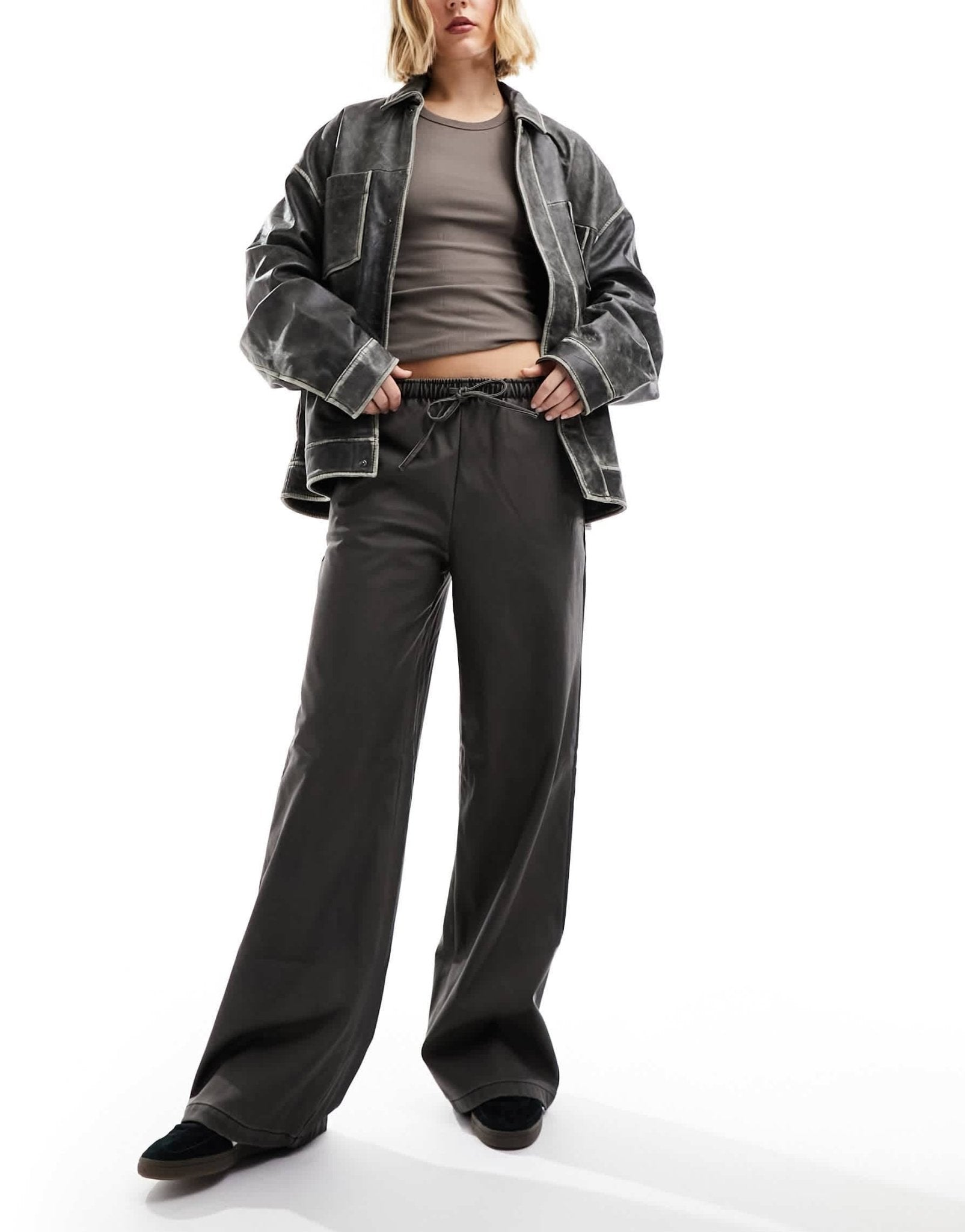 Stradivarius faux leather wide leg jogger in washed PU - ASOS Sample Sale