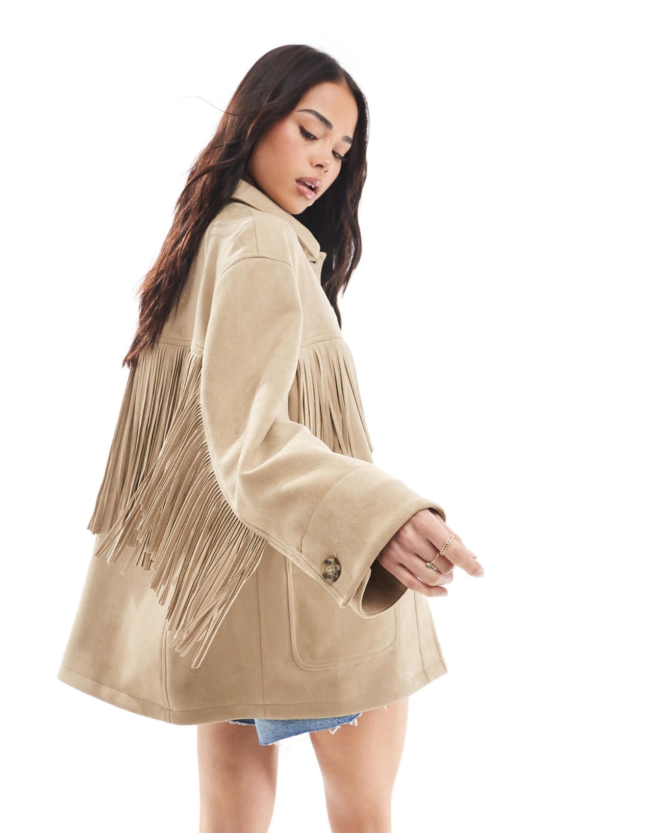 Stradivarius faux suede fringe detail jacket in brown - ASOS Sample Sale