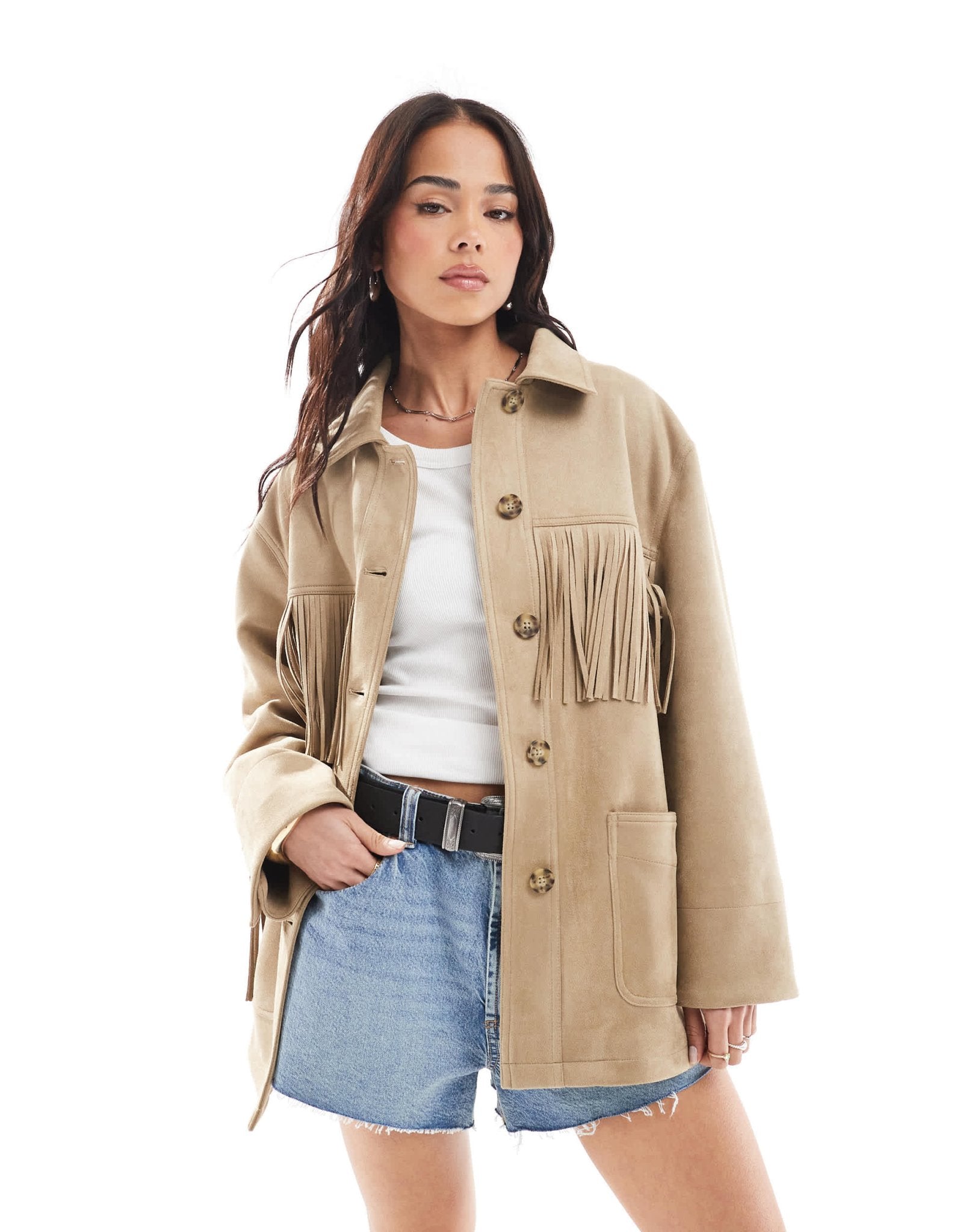 Stradivarius faux suede fringe detail jacket in brown - ASOS Sample Sale