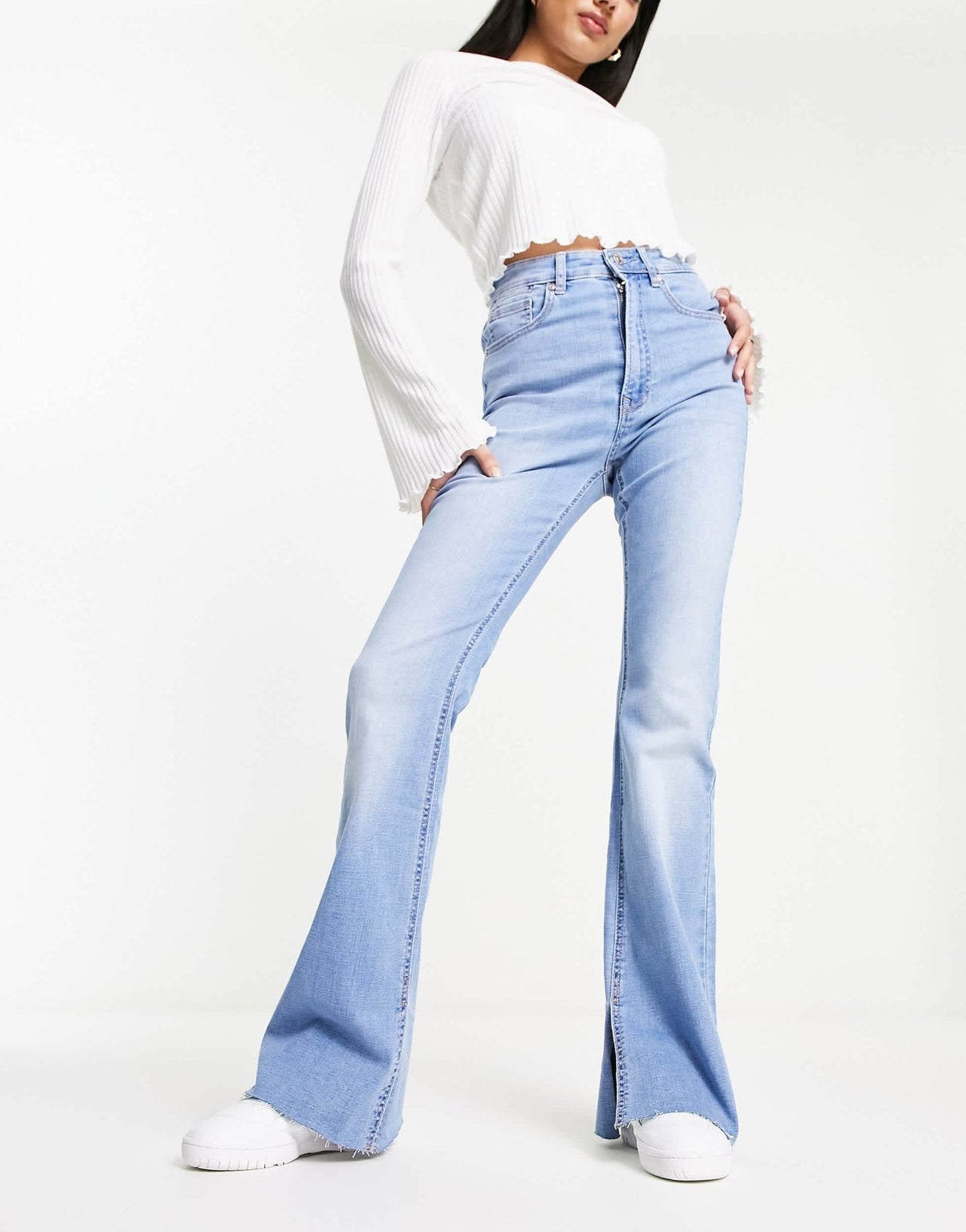 Stradivarius flare jean with side split in light blue - ASOS Sample Sale