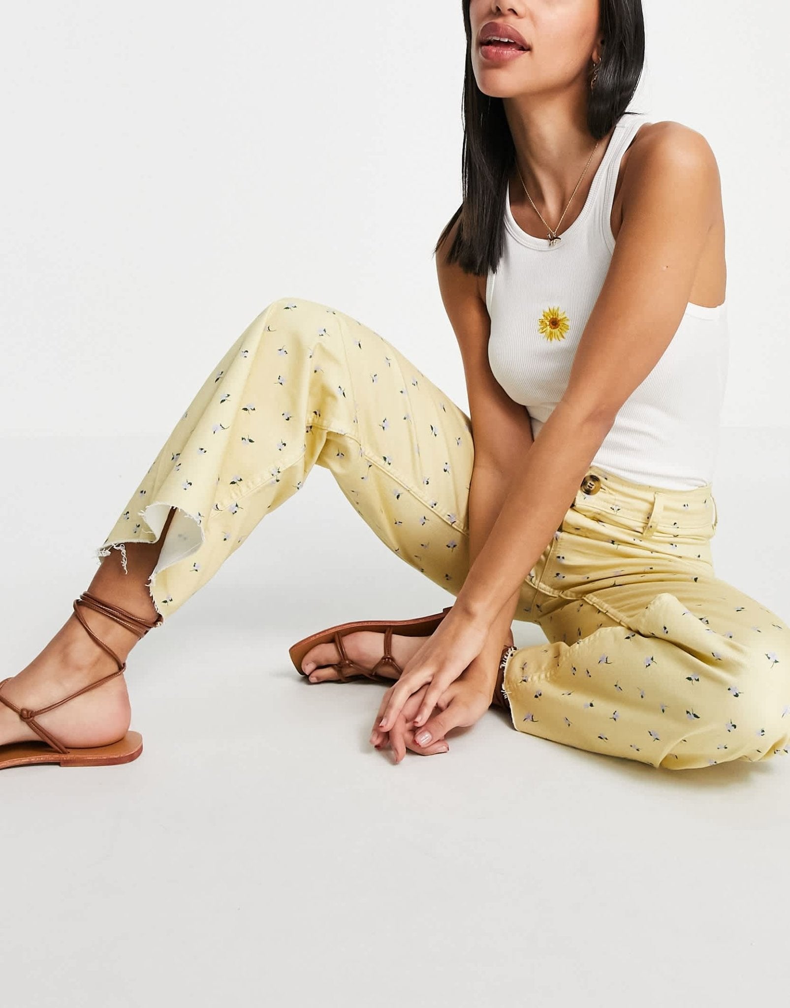 Stradivarius floral cropped wide leg jean in yellow - ASOS Sample Sale