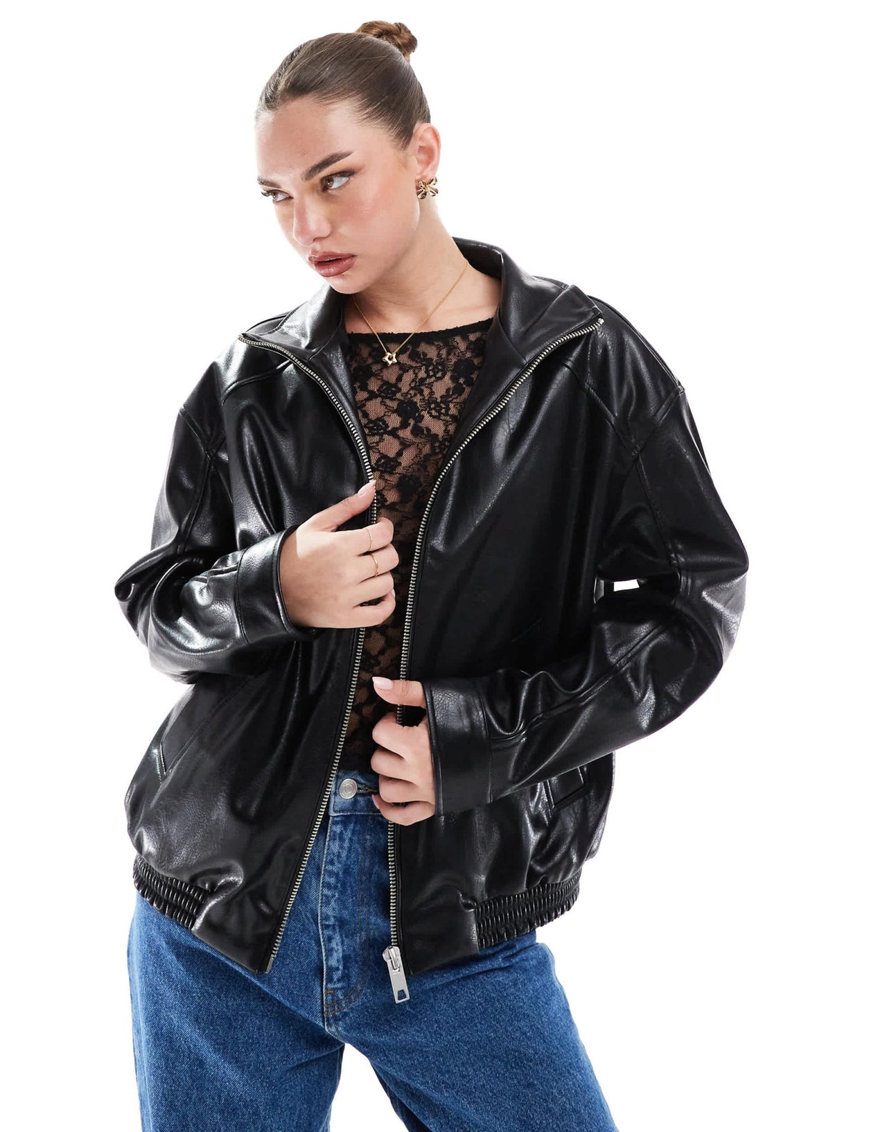 Stradivarius funnel neck pu jacket in black - ASOS Sample Sale