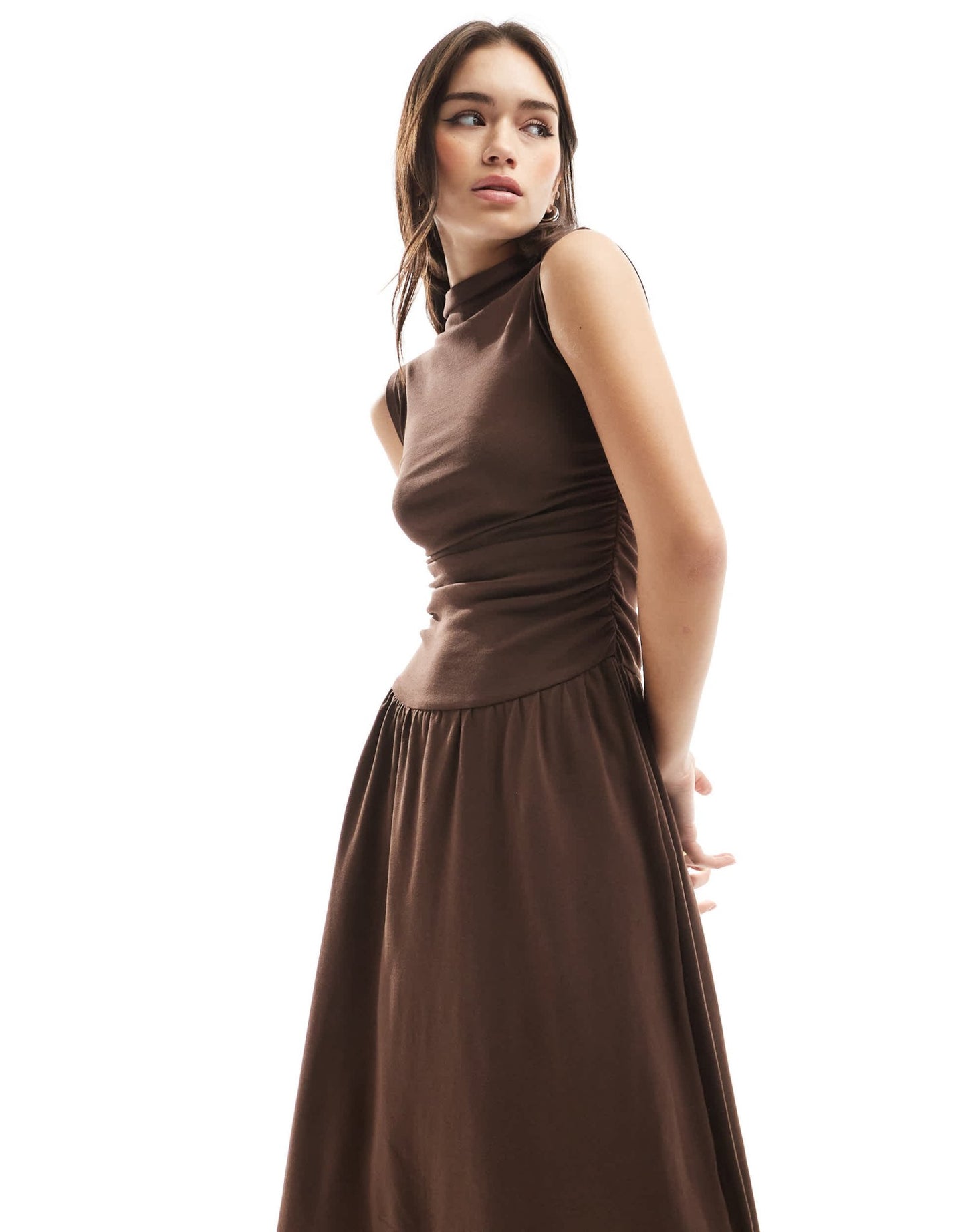 Stradivarius high neck drop waist midi dress in brown - ASOS Sample Sale