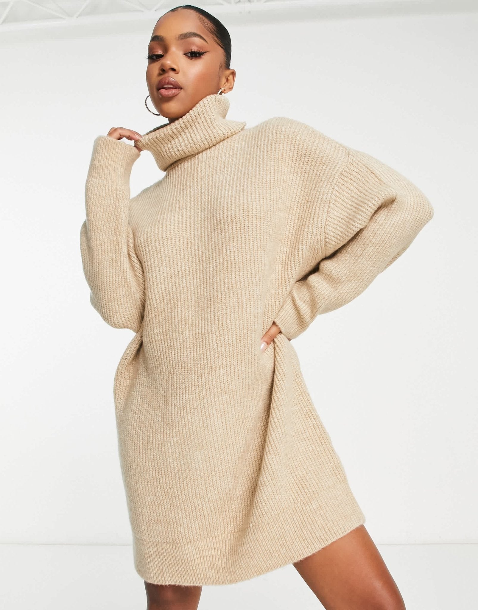 Stradivarius high neck knit dress in beige - ASOS Sample Sale
