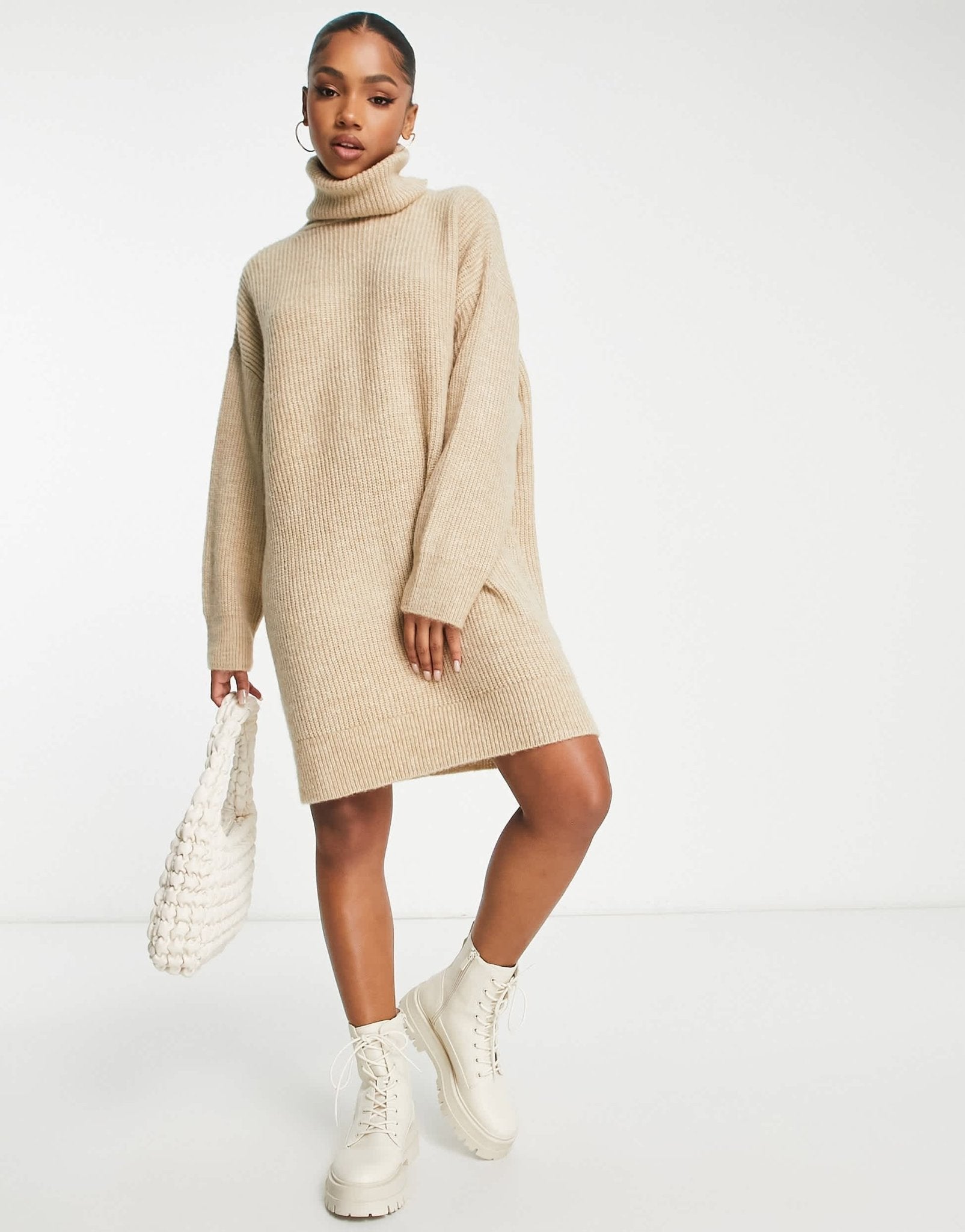 Stradivarius high neck knit dress in beige - ASOS Sample Sale