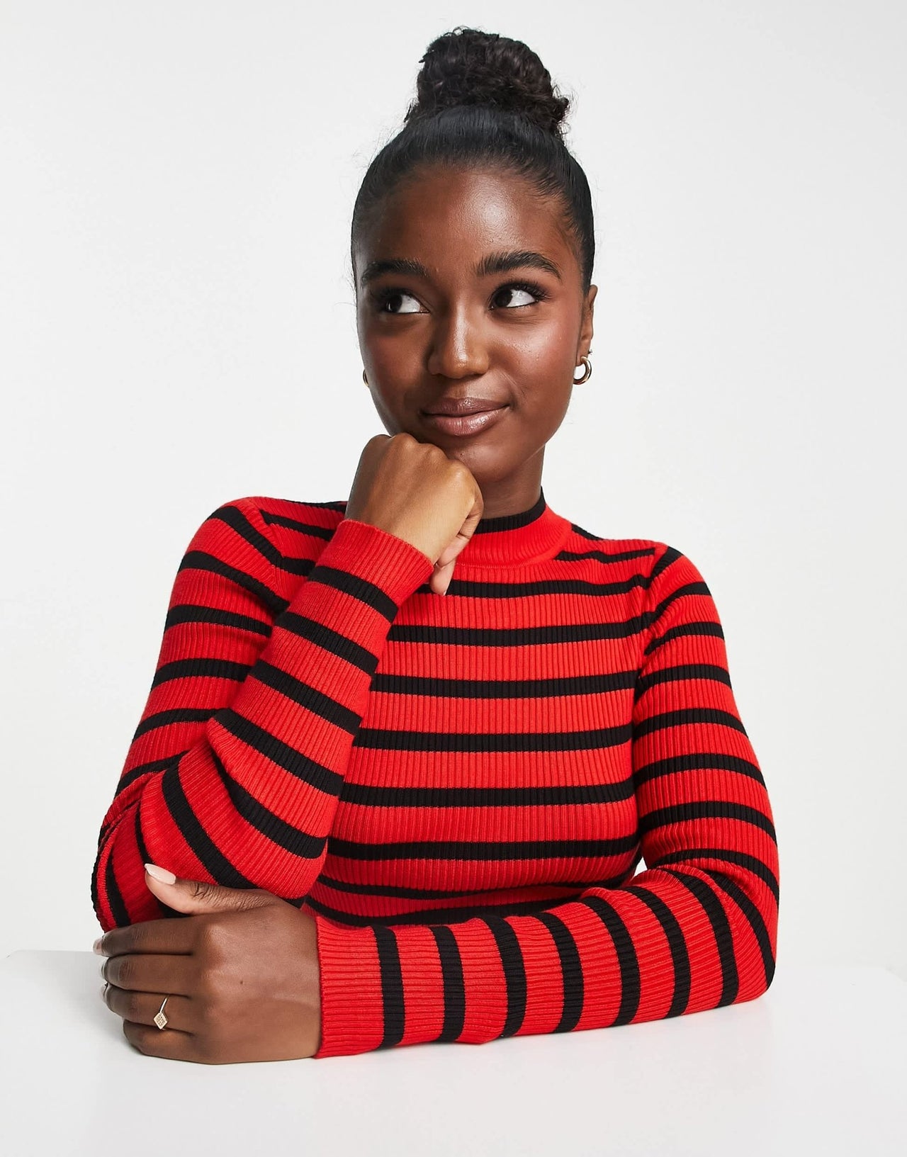 Stradivarius high neck knit jumper in red & black stripe - ASOS Sample Sale