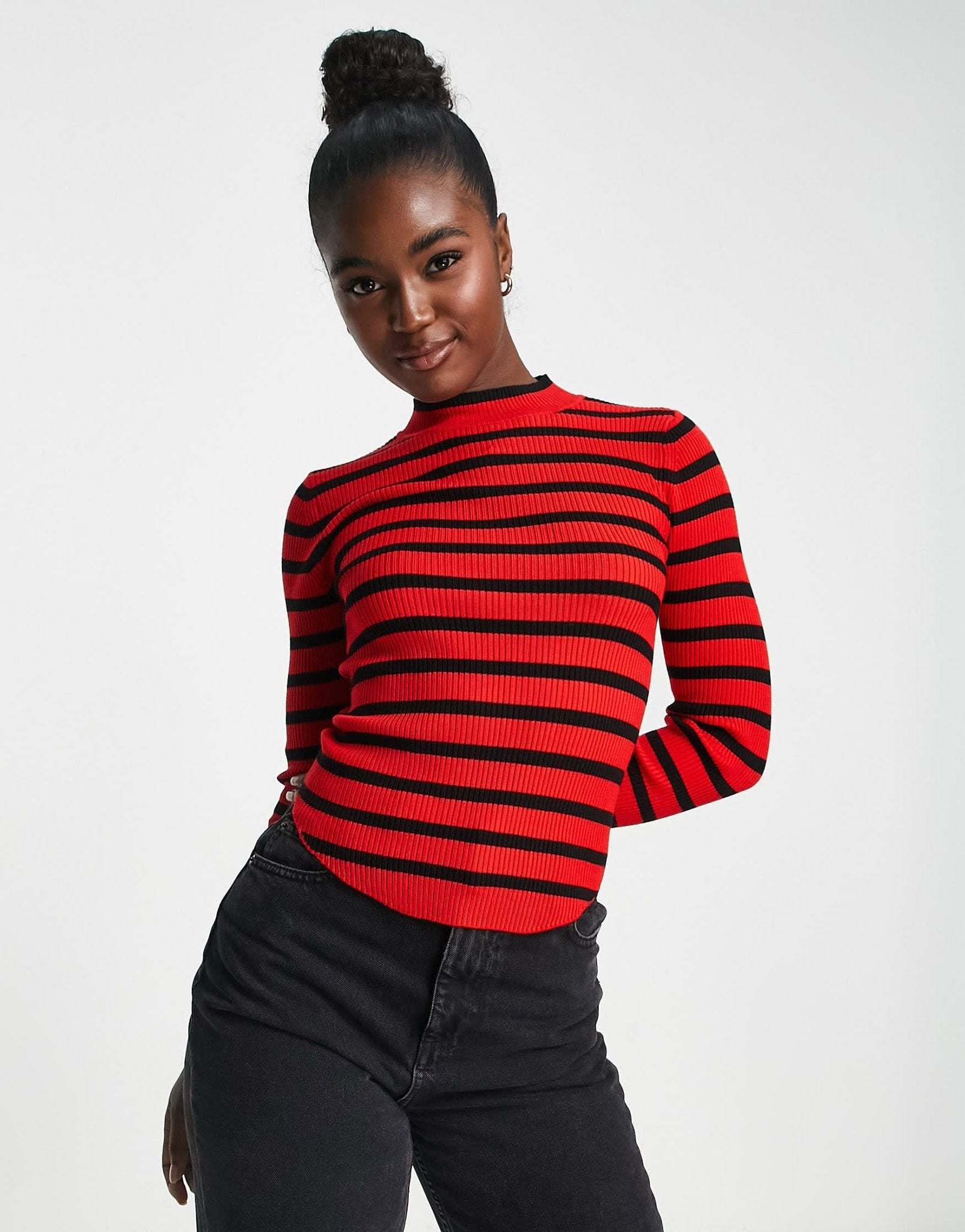 Stradivarius high neck knit jumper in red & black stripe - ASOS Sample Sale