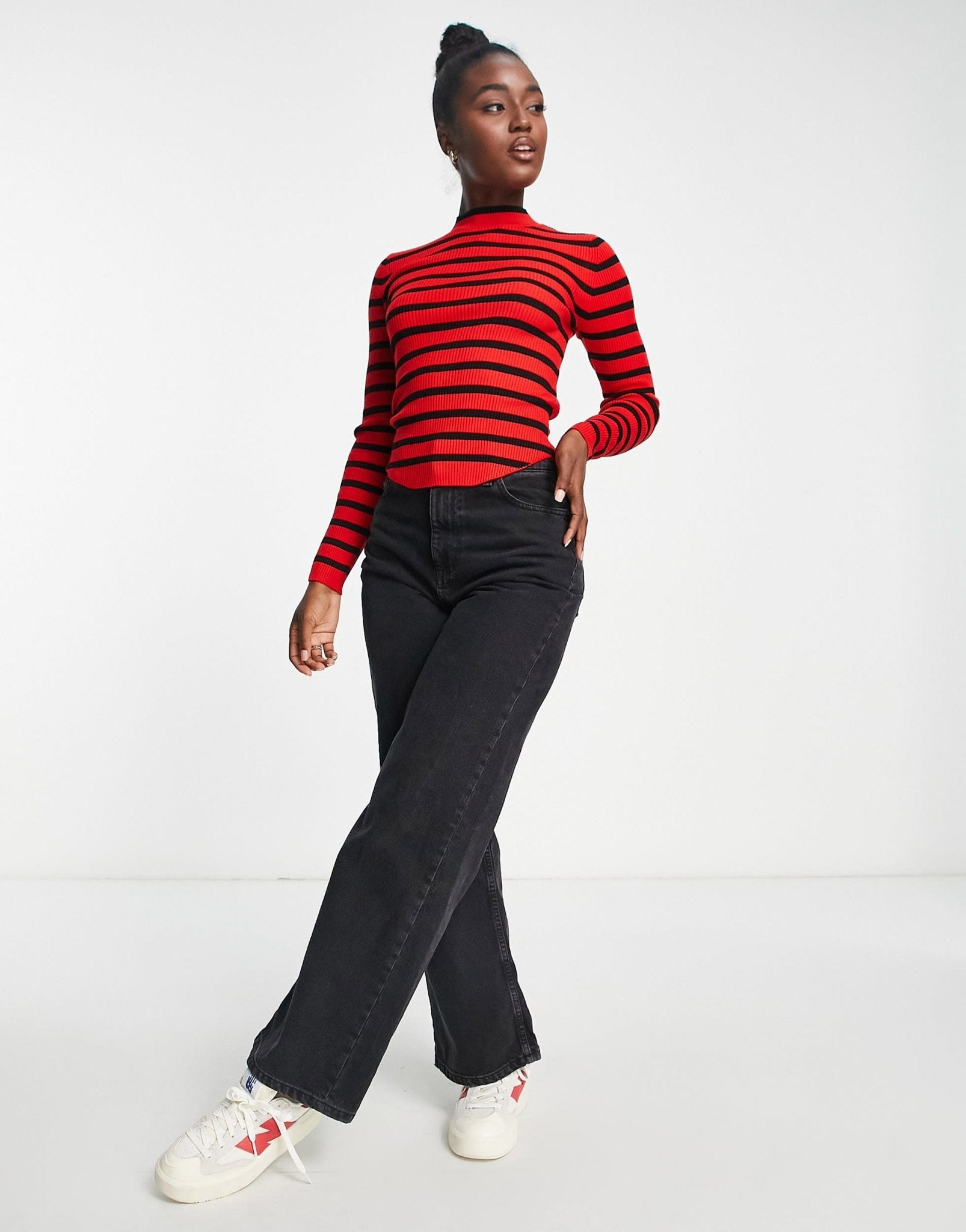 Stradivarius high neck knit jumper in red & black stripe - ASOS Sample Sale