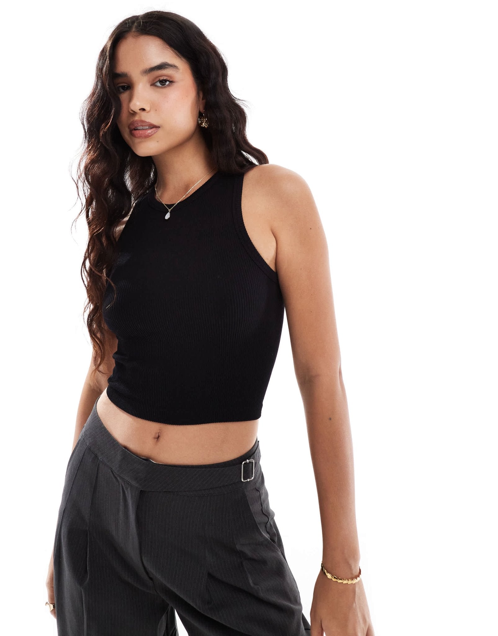 Stradivarius high neck seamless ribbed vest top in black - ASOS Sample Sale