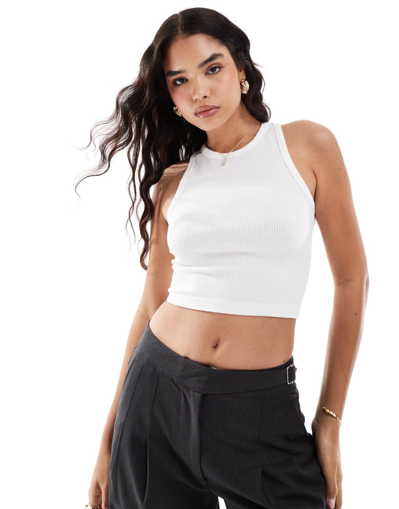 Stradivarius high neck seamless ribbed vest top in white - ASOS Sample Sale