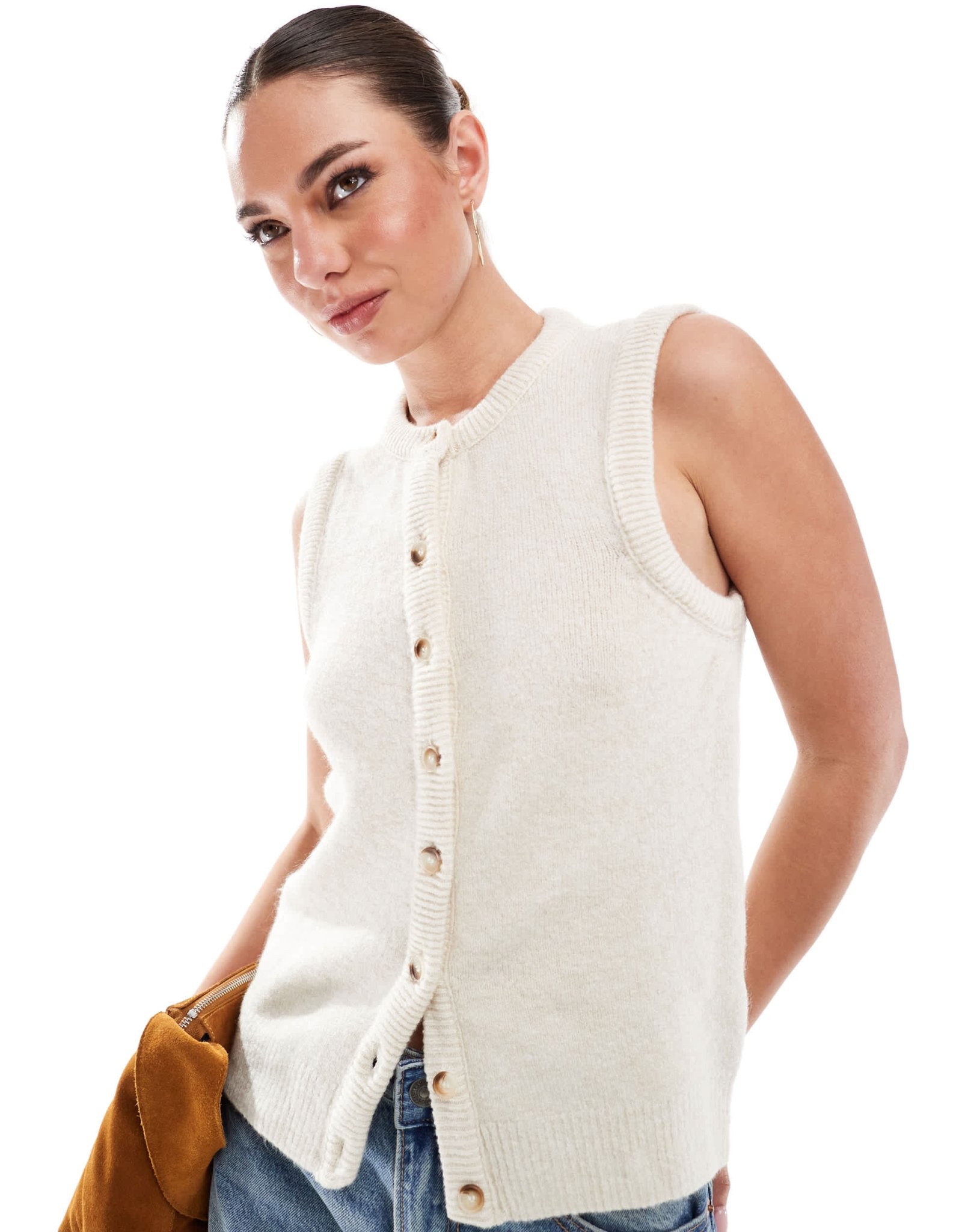 Stradivarius knit cardigan vest in ecru - ASOS Sample Sale