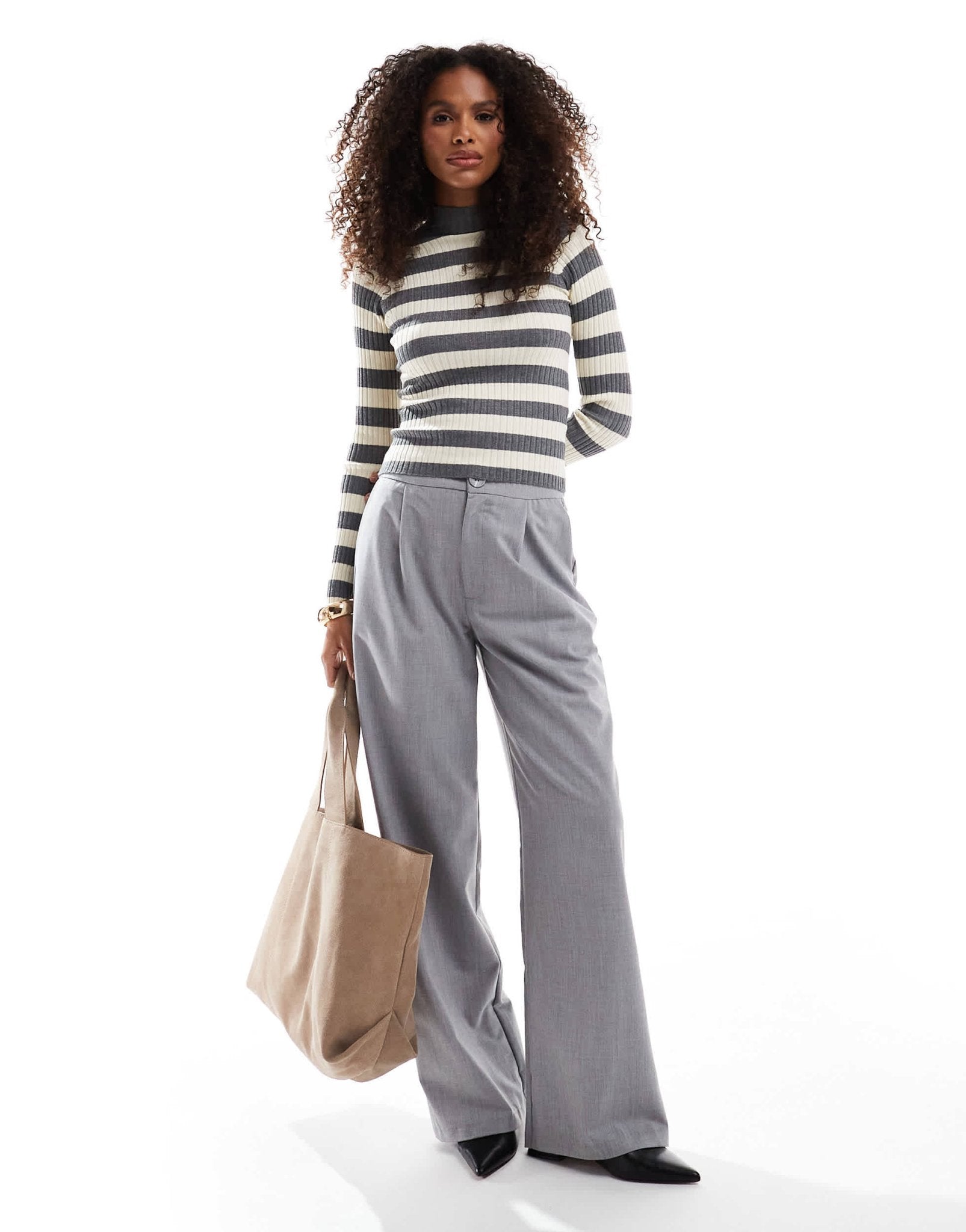 Stradivarius knitted jumper in grey and beige stripe - ASOS Sample Sale